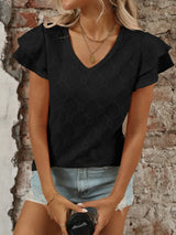 Eyelet V-Neck Ruffled Cap Sleeve Top - Trendsi - Flyclothing LLC