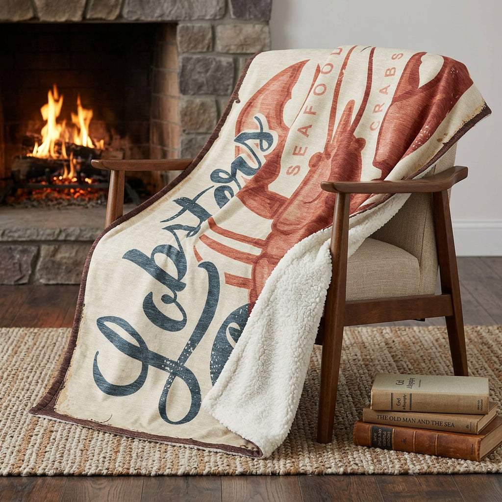 50" X 70" Beige Blue And Red Lobster Plush Throw Blanket - HomeRoots - Flyclothing LLC