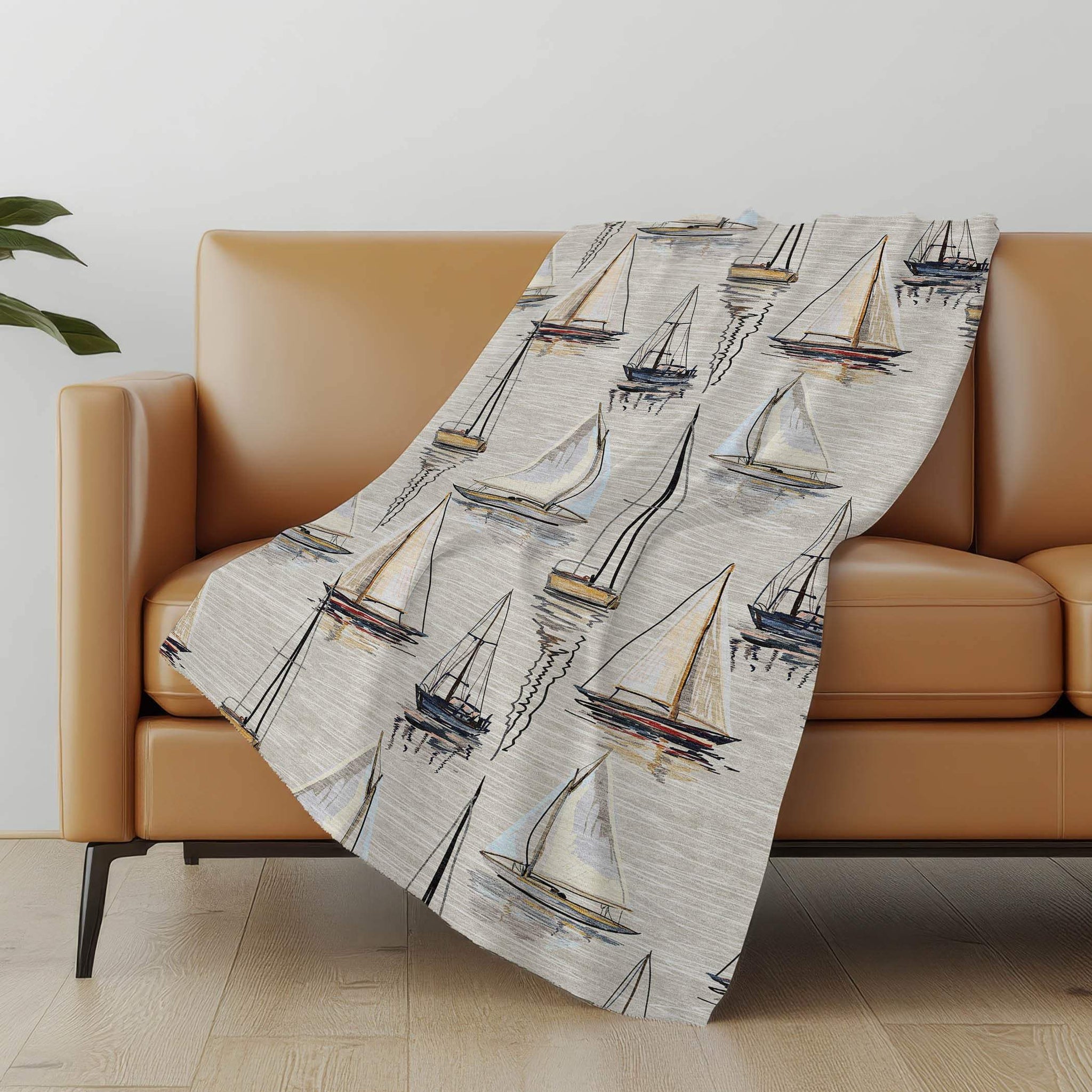 50" X 70" Beige Charcoal And Ivory Sailboat Microfiber Plush Throw Blanket - Homeroots - Flyclothing LLC