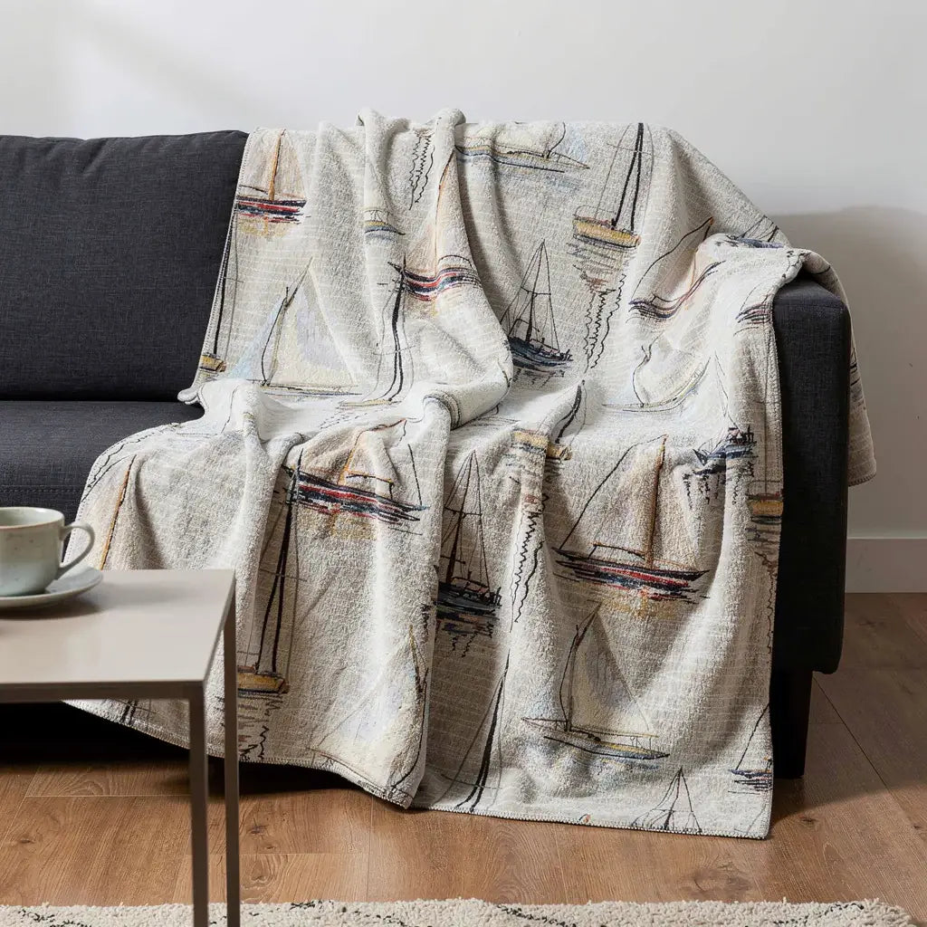 50" X 70" Beige Charcoal And Ivory Sailboat Microfiber Plush Throw Blanket - Homeroots - Flyclothing LLC
