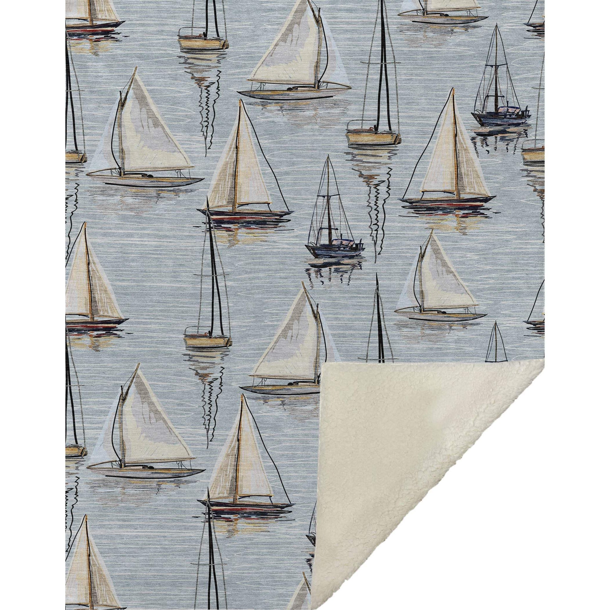 50" X 70" Beige Ivory And Sky Blue Sailboat Microfiber Plush Throw Blanket - Homeroots - Flyclothing LLC