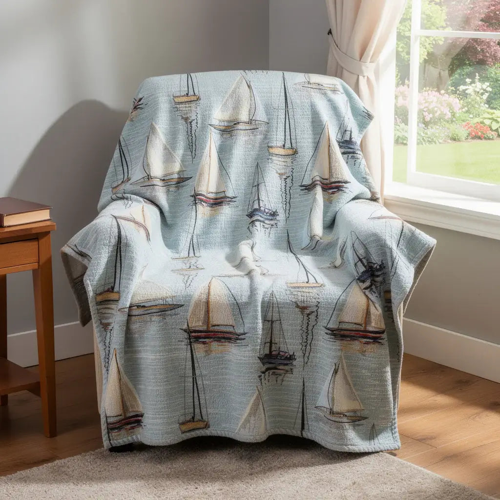 50" X 70" Beige Ivory And Sky Blue Sailboat Microfiber Plush Throw Blanket - Homeroots - Flyclothing LLC