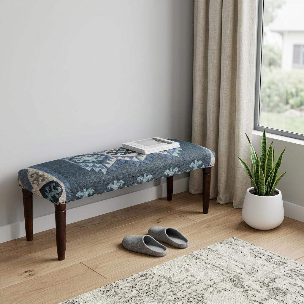 47" Blue and Brown Geometric Jute and Solid Wood Upholstered Bench - HomeRoots - Flyclothing LLC