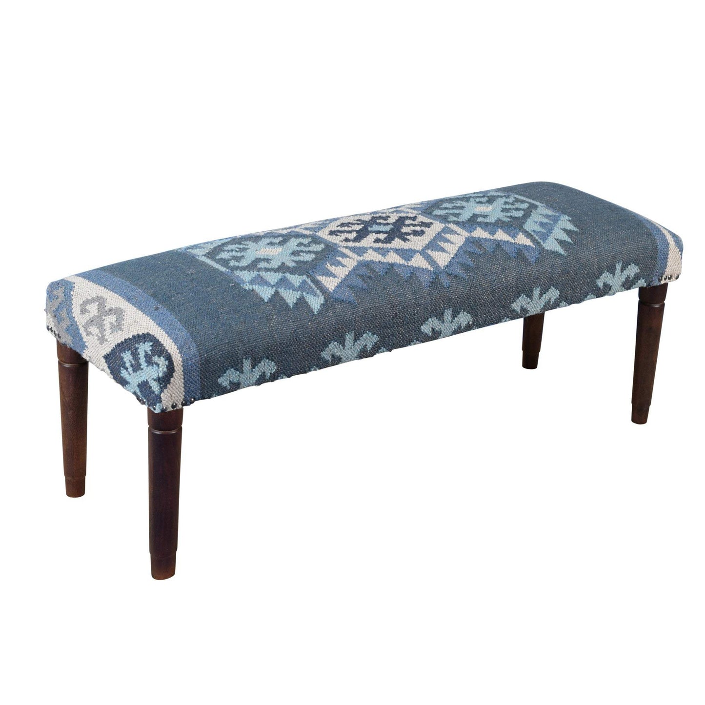 47" Blue and Brown Geometric Jute and Solid Wood Upholstered Bench - HomeRoots - Flyclothing LLC