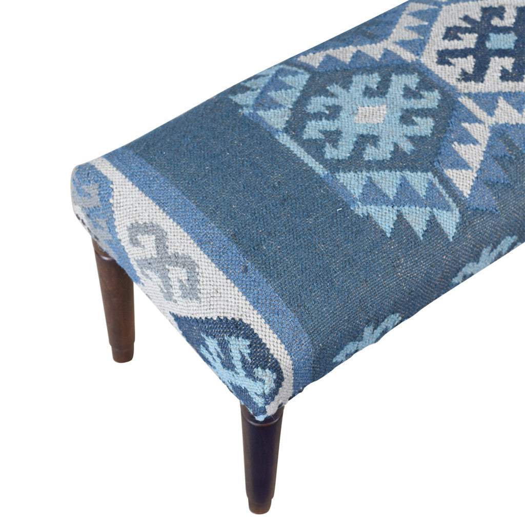 47" Blue and Brown Geometric Jute and Solid Wood Upholstered Bench - HomeRoots - Flyclothing LLC