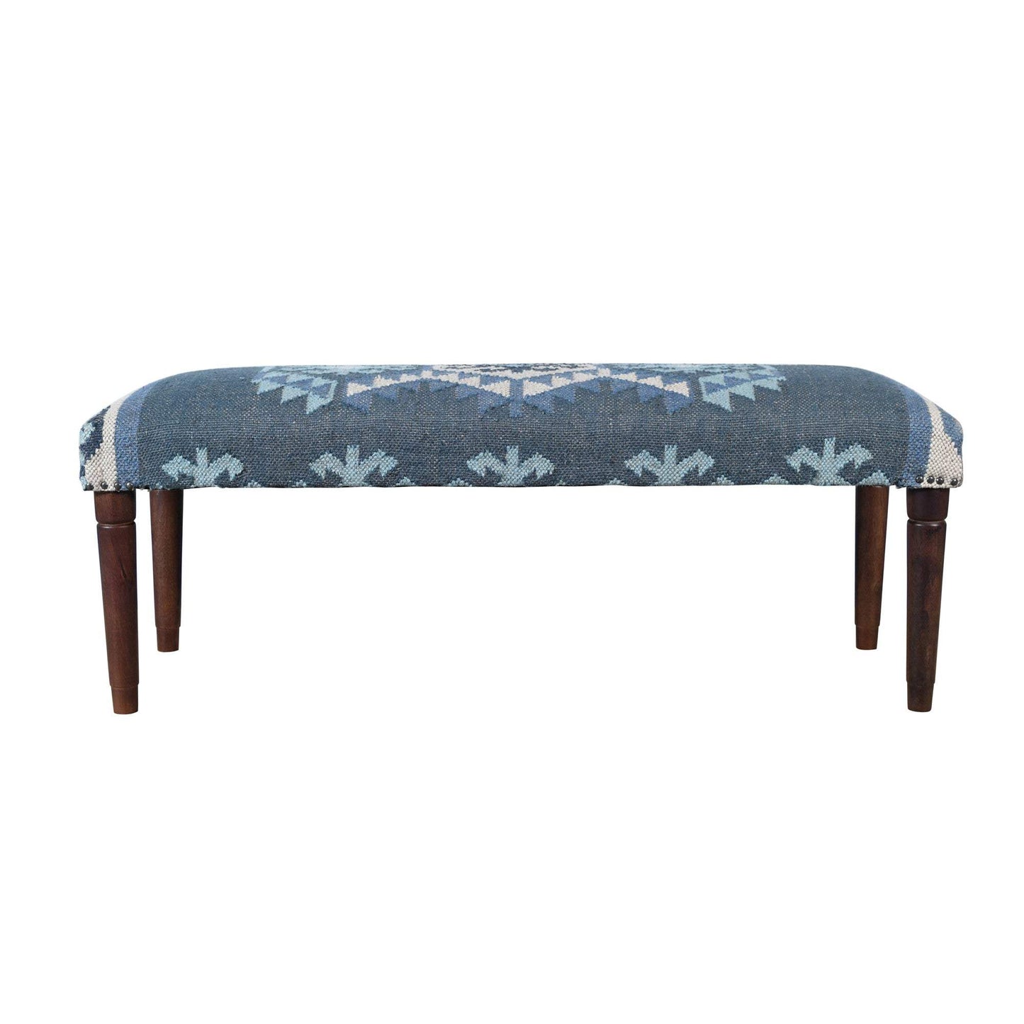 47" Blue and Brown Geometric Jute and Solid Wood Upholstered Bench - HomeRoots - Flyclothing LLC