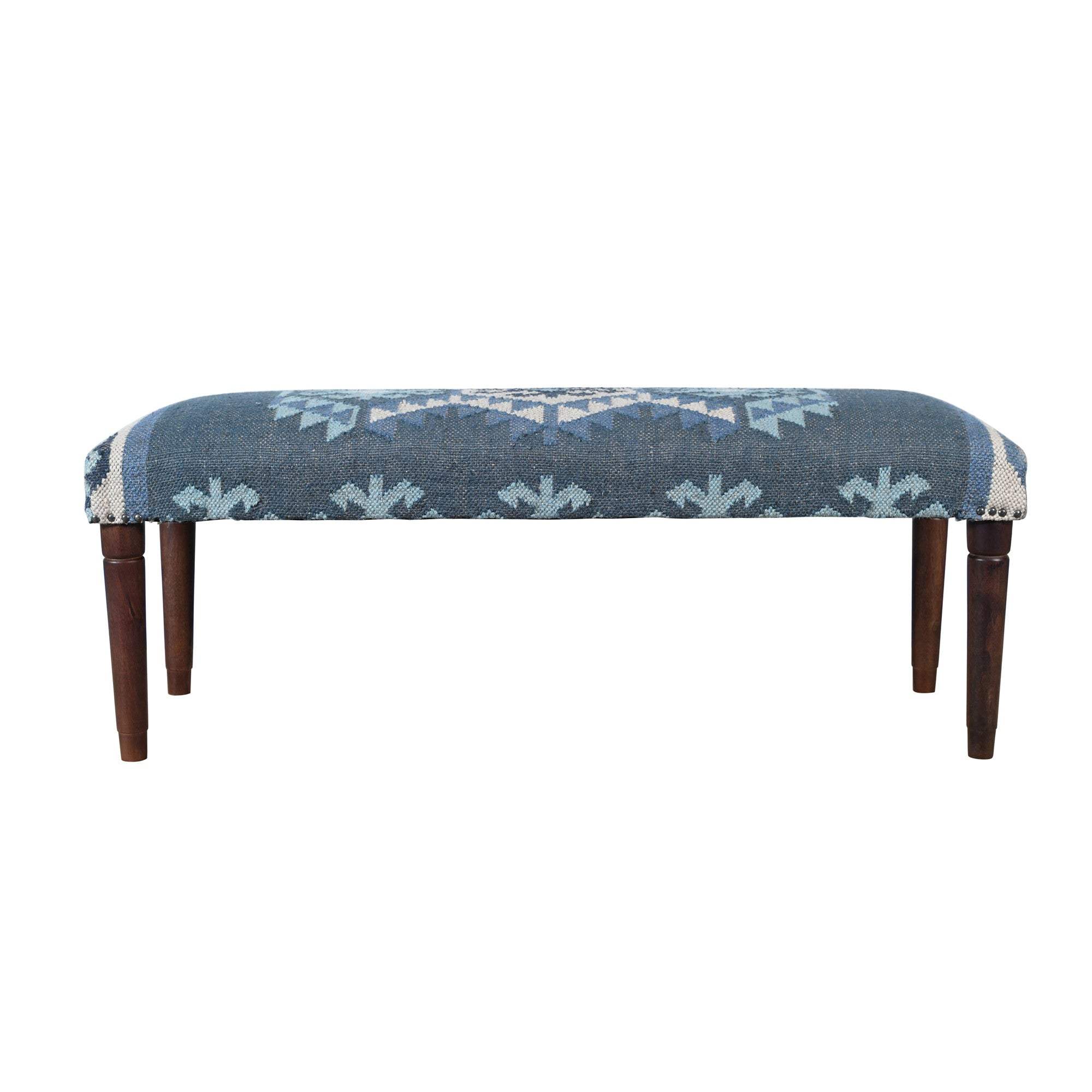 47" Blue and Brown Geometric Jute and Solid Wood Upholstered Bench - HomeRoots - Flyclothing LLC