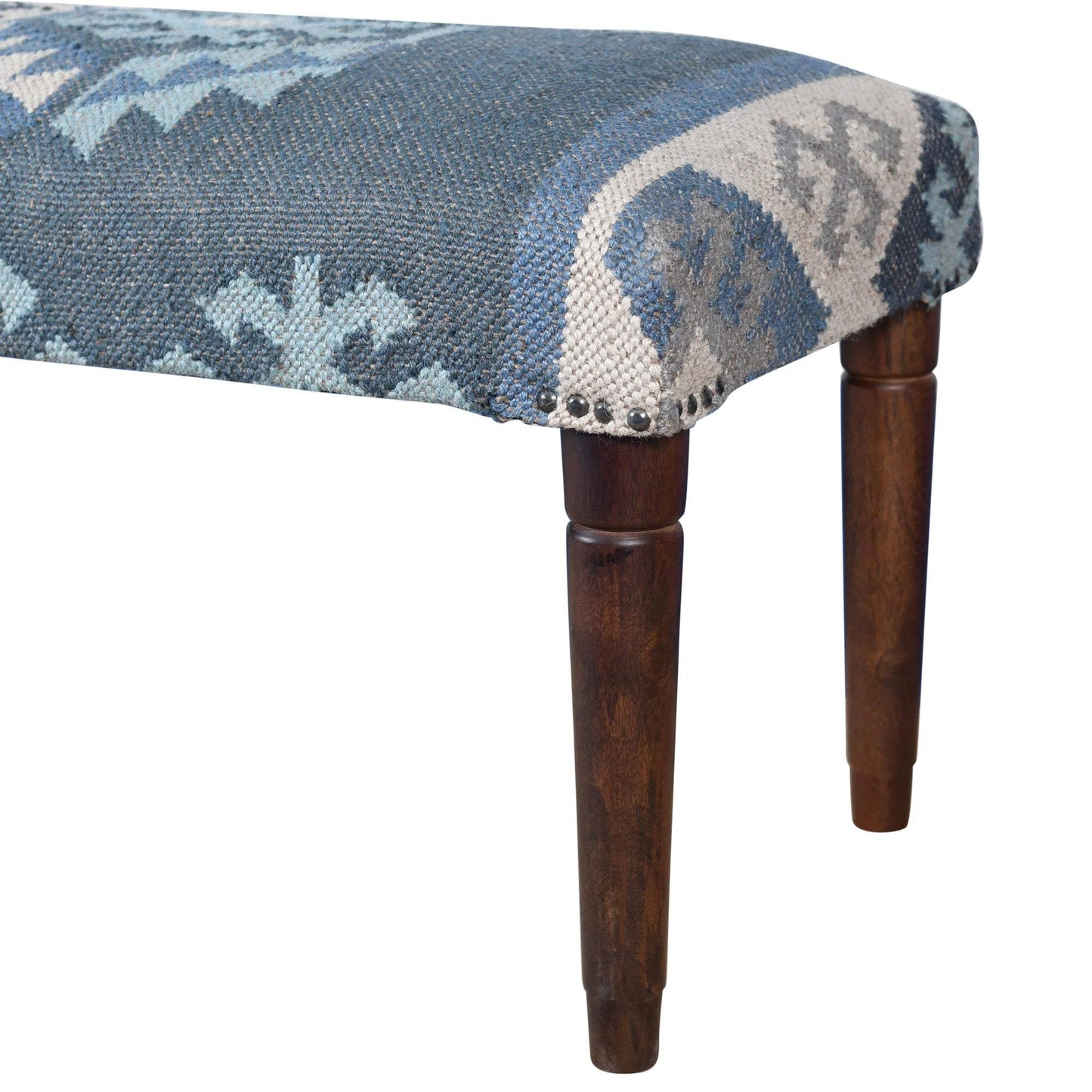 47" Blue and Brown Geometric Jute and Solid Wood Upholstered Bench - HomeRoots - Flyclothing LLC