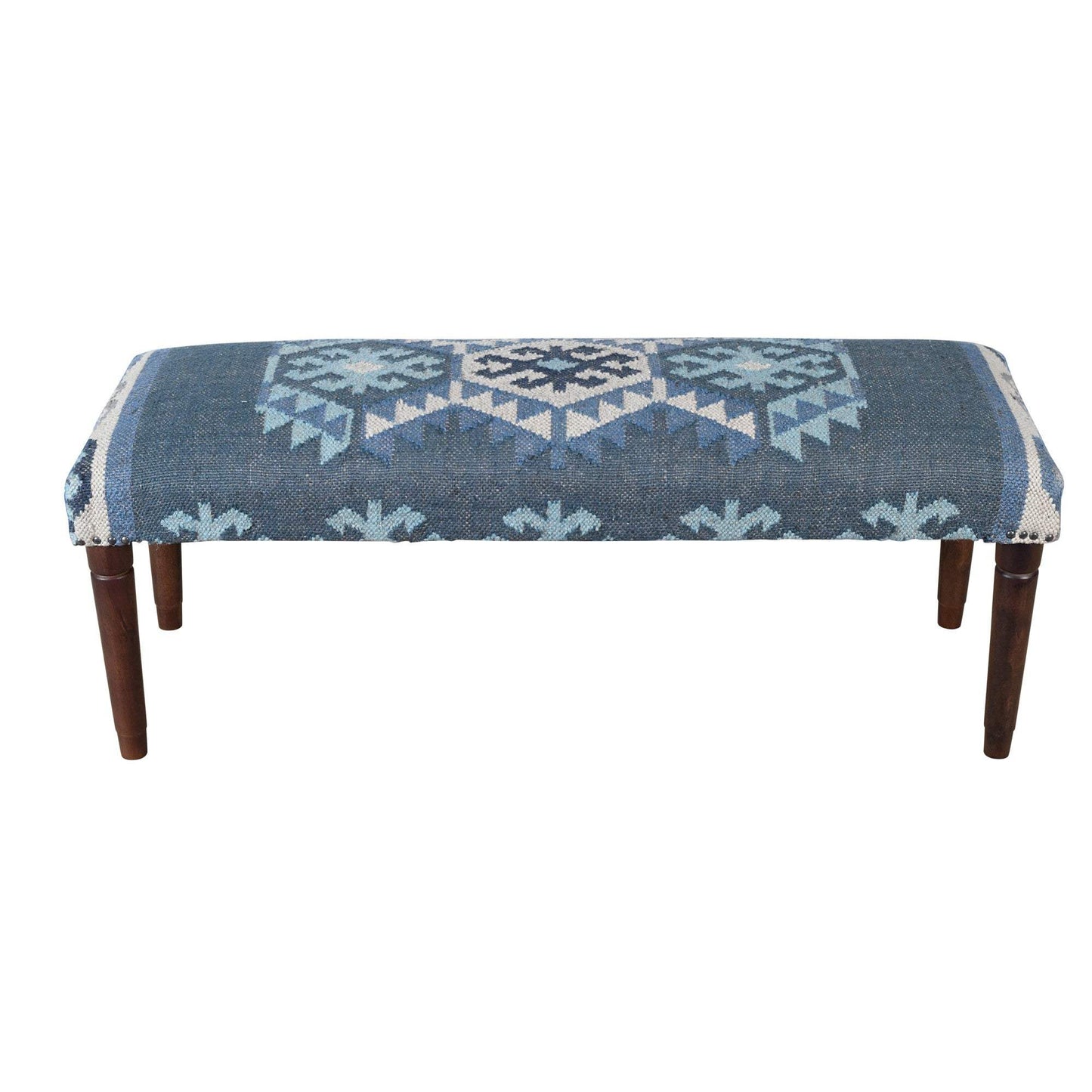 47" Blue and Brown Geometric Jute and Solid Wood Upholstered Bench - HomeRoots - Flyclothing LLC