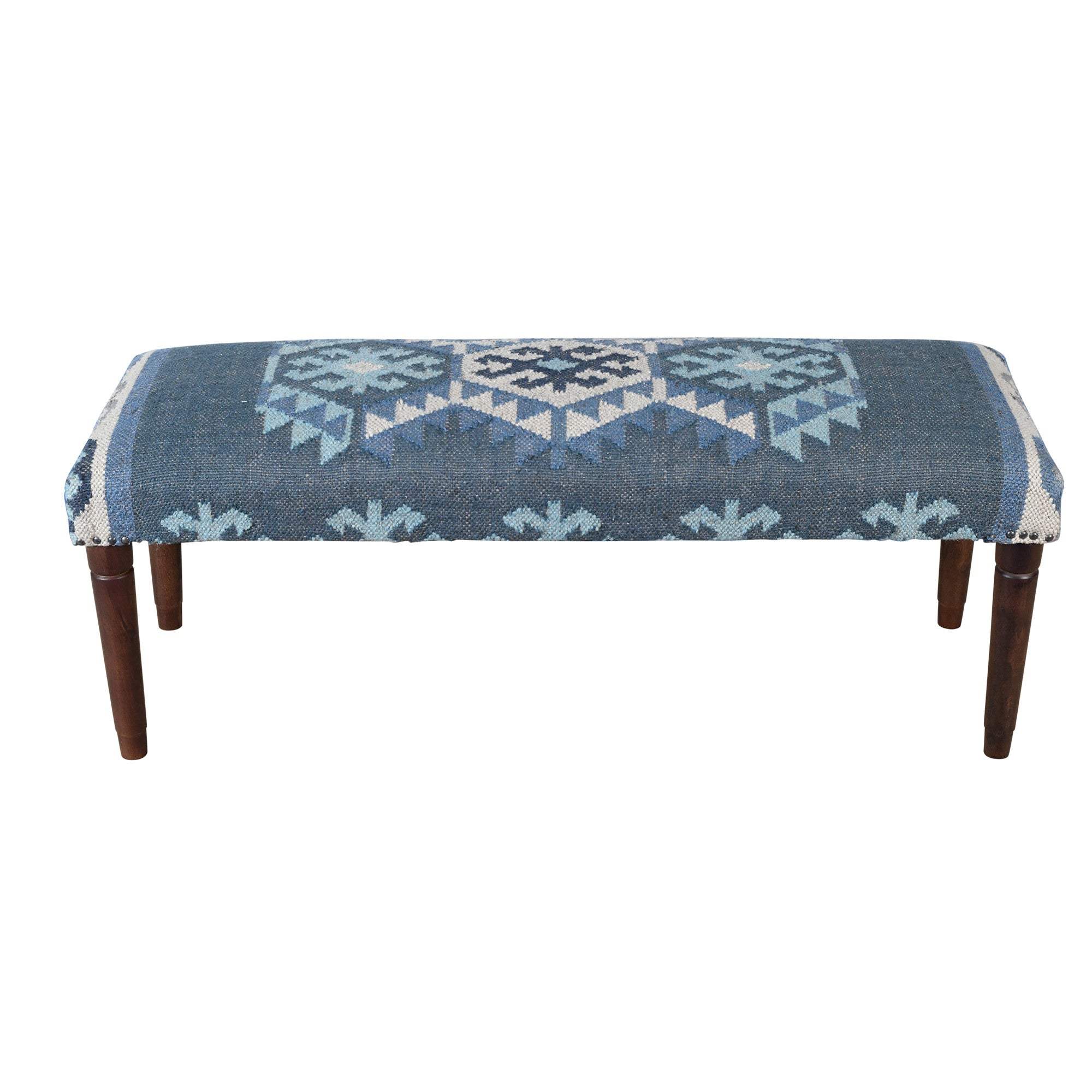 47" Blue and Brown Geometric Jute and Solid Wood Upholstered Bench - HomeRoots - Flyclothing LLC