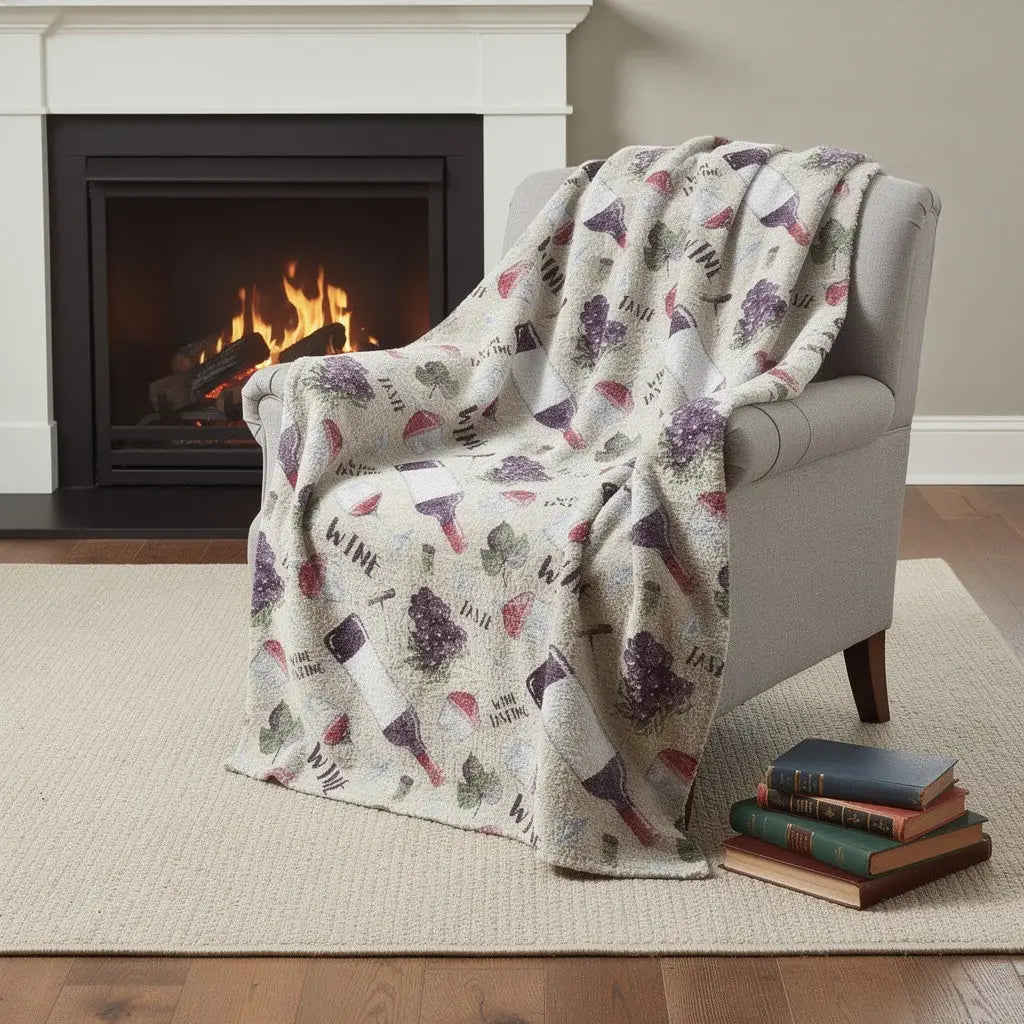 50" X 70" Ivory Purple And Green Wine Tasting Microfiber Plush Throw Blanket - Homeroots - Flyclothing LLC