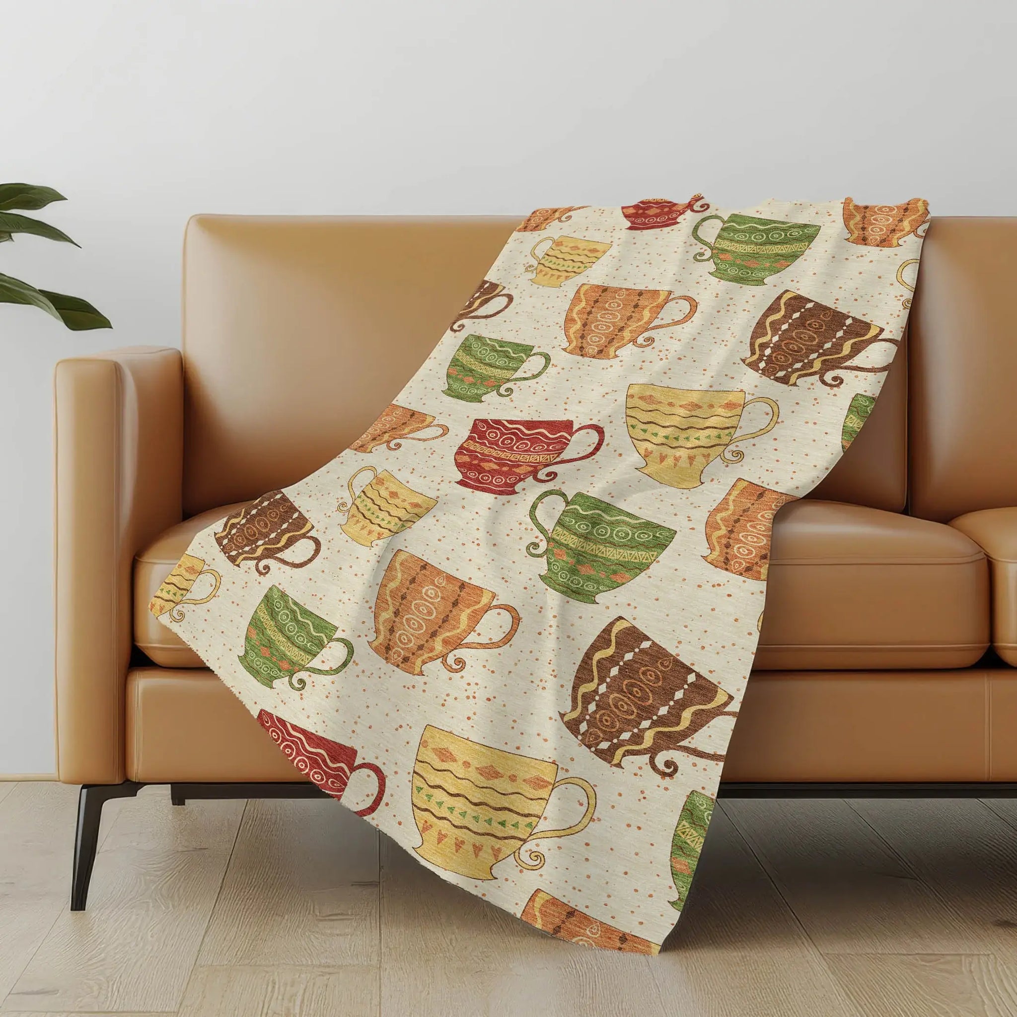 50" X 70" Ivory Orange And Green Teacups Microfiber Plush Throw Blanket - Homeroots - Flyclothing LLC