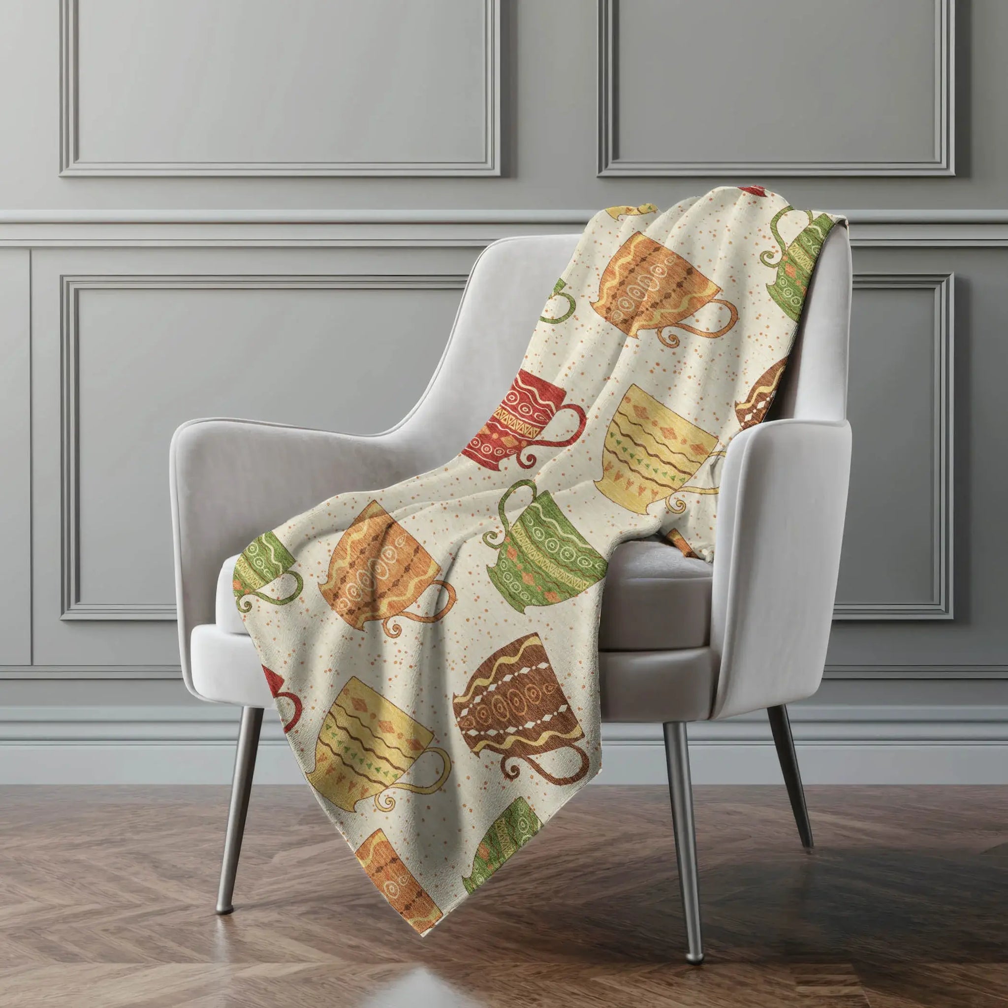 50" X 70" Ivory Orange And Green Teacups Microfiber Plush Throw Blanket - Homeroots - Flyclothing LLC