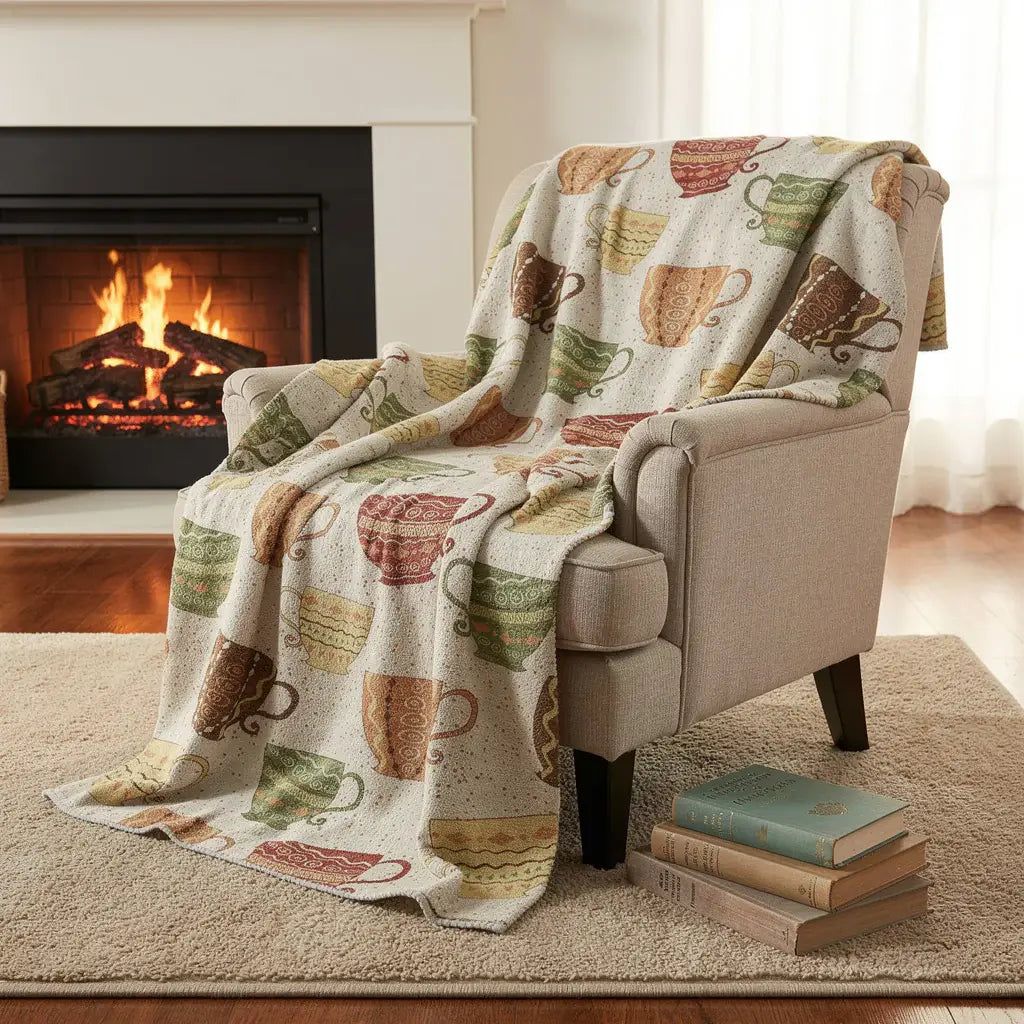 50" X 70" Ivory Orange And Green Teacups Microfiber Plush Throw Blanket - Homeroots - Flyclothing LLC