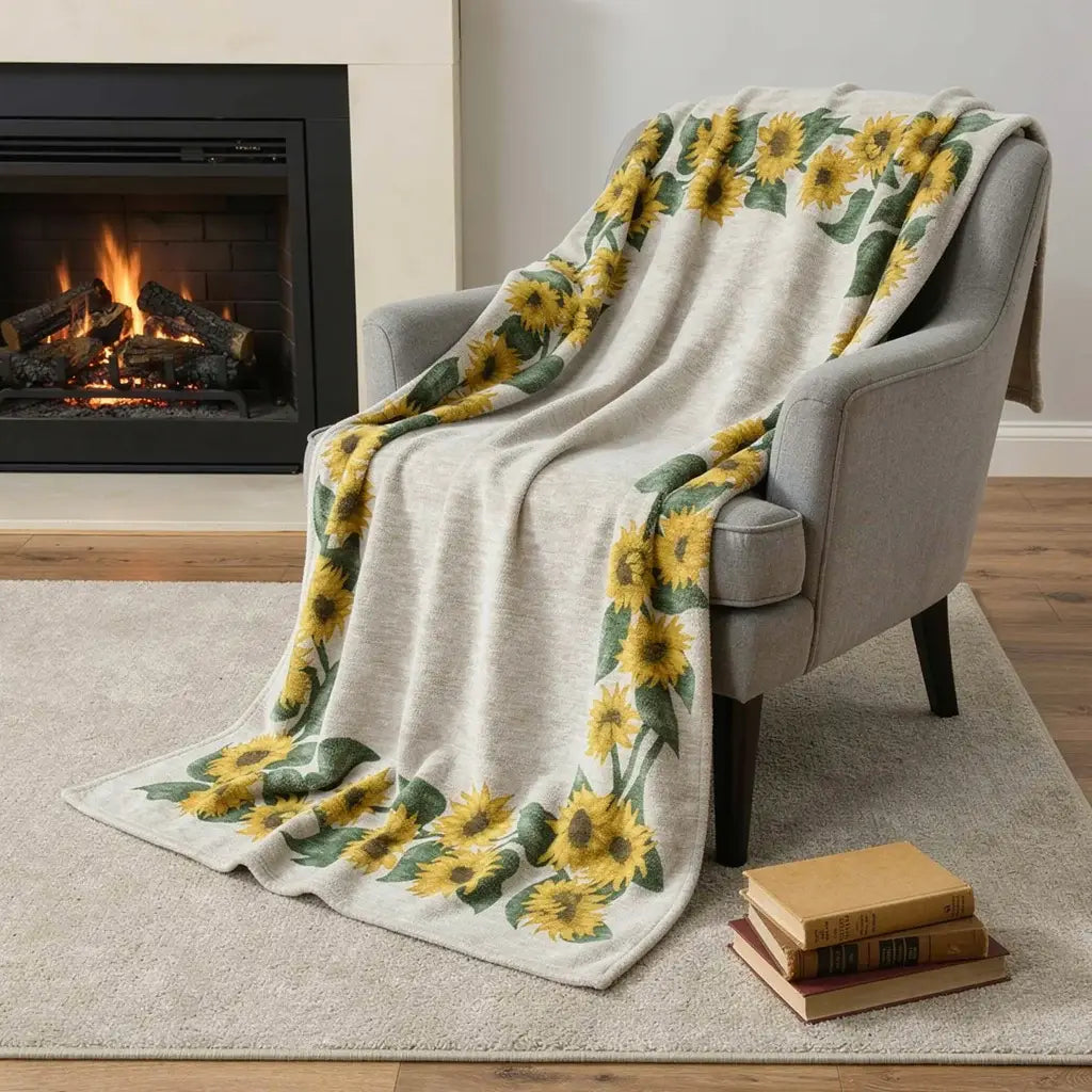 50" X 70" Beige And Yellow Sunflower Floral Microfiber Plush Throw Blanket - Homeroots - Flyclothing LLC