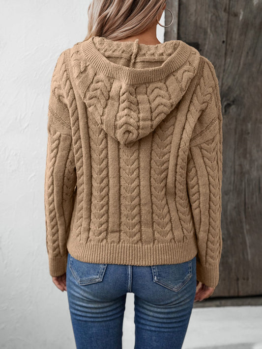 Cable-Knit Long Sleeve Hooded Sweater - Trendsi