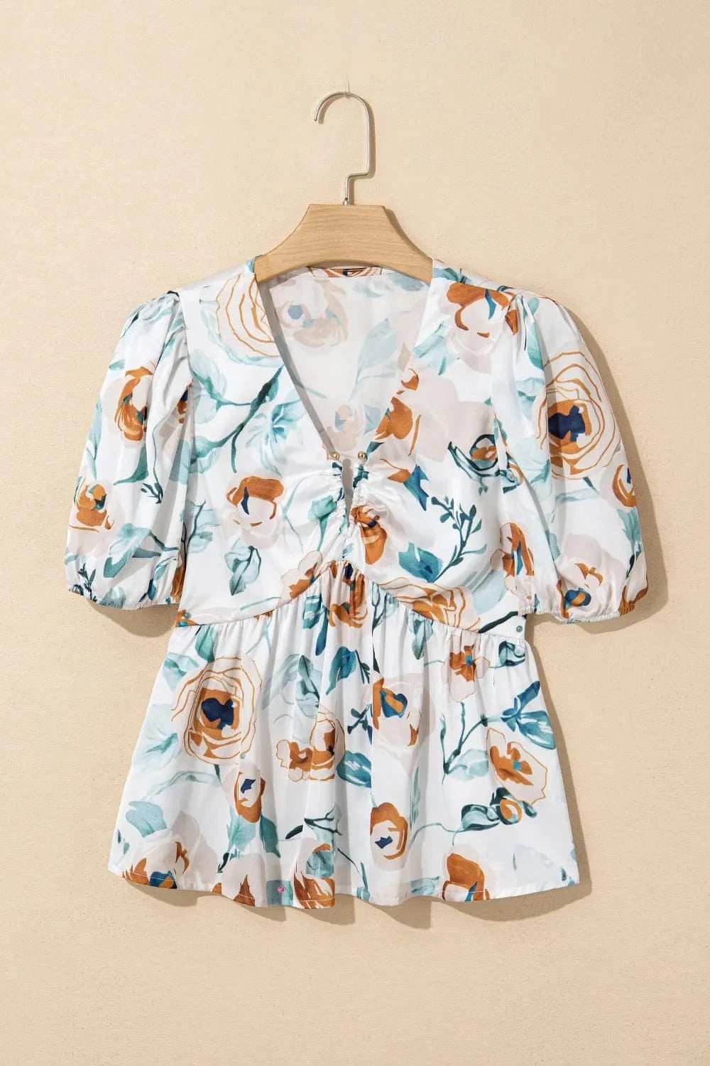 Floral Print Puff Sleeve V Neck Babydoll Blouse - Trendsi - Flyclothing LLC