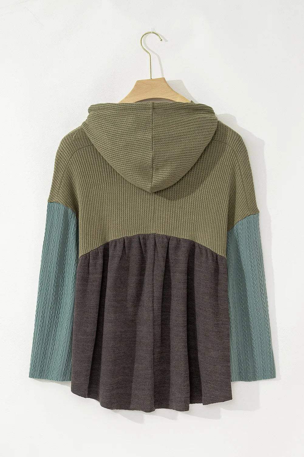 Waffle-Knit High-Low Color Block Hooded Long Sleeve Top - Trendsi - Flyclothing LLC