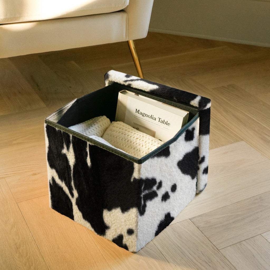12" Black and White Faux Fur Cow Print Storage Ottoman - HomeRoots - Flyclothing LLC