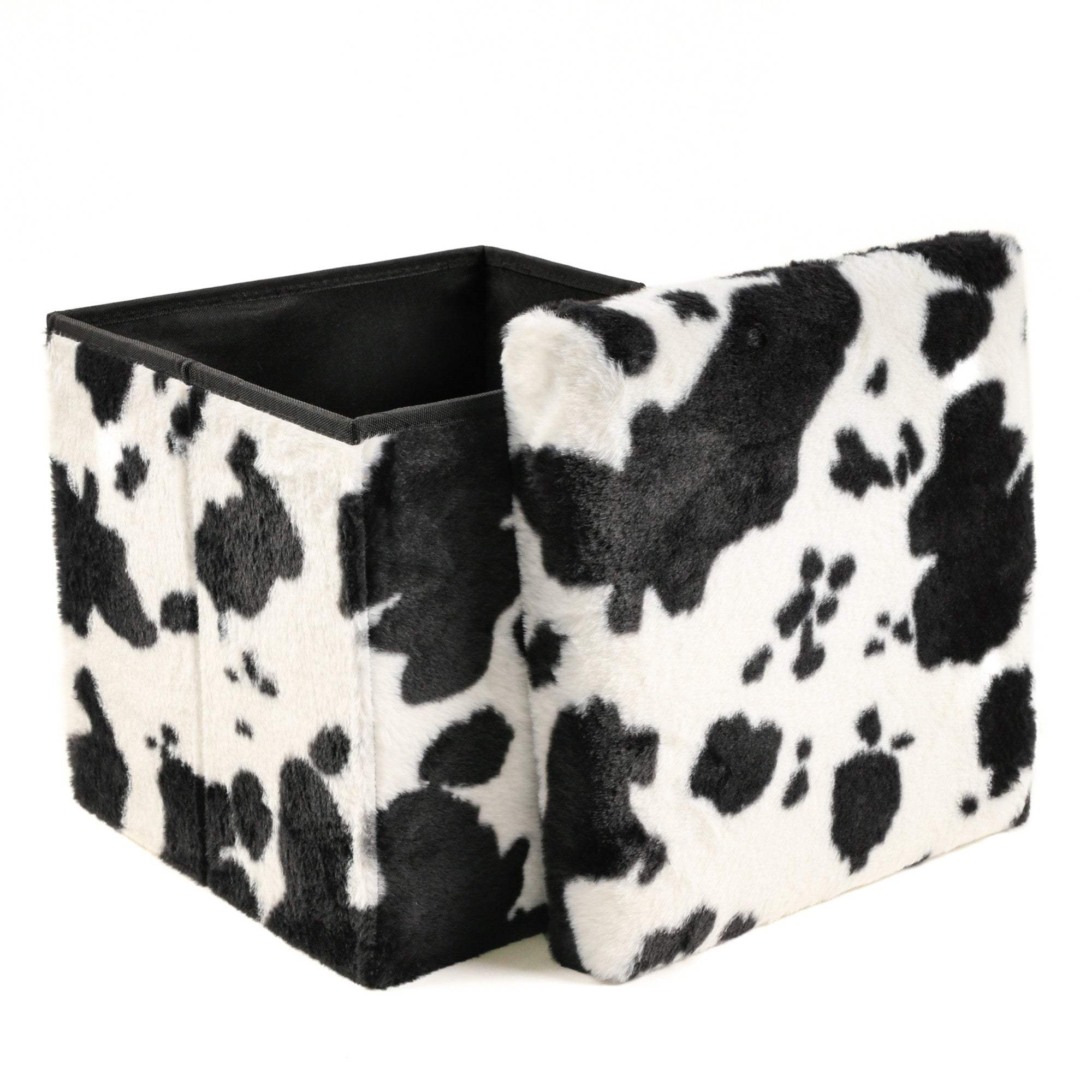 12" Black and White Faux Fur Cow Print Storage Ottoman - HomeRoots - Flyclothing LLC