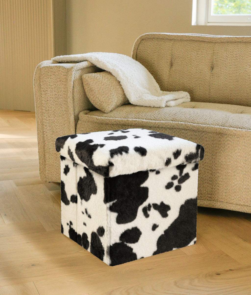 12" Black and White Faux Fur Cow Print Storage Ottoman - HomeRoots - Flyclothing LLC