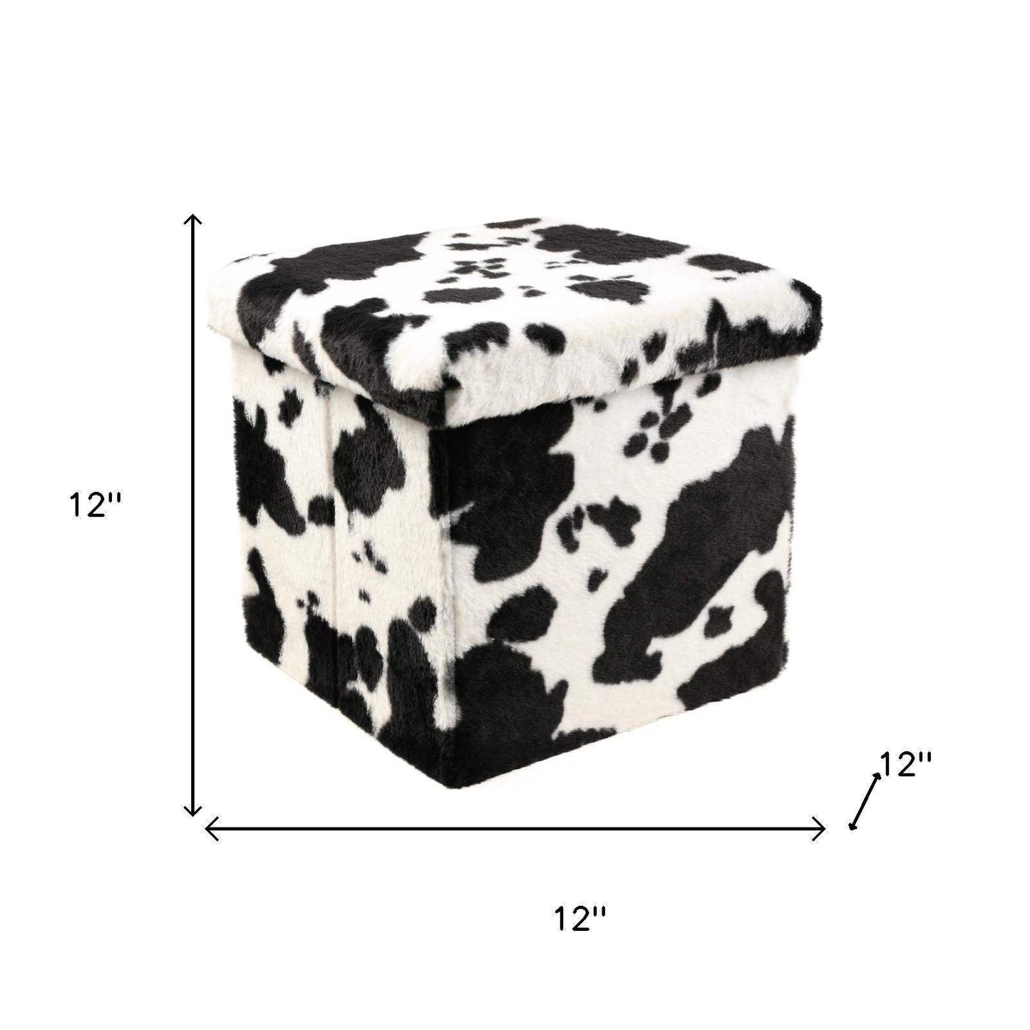 12" Black and White Faux Fur Cow Print Storage Ottoman - HomeRoots - Flyclothing LLC