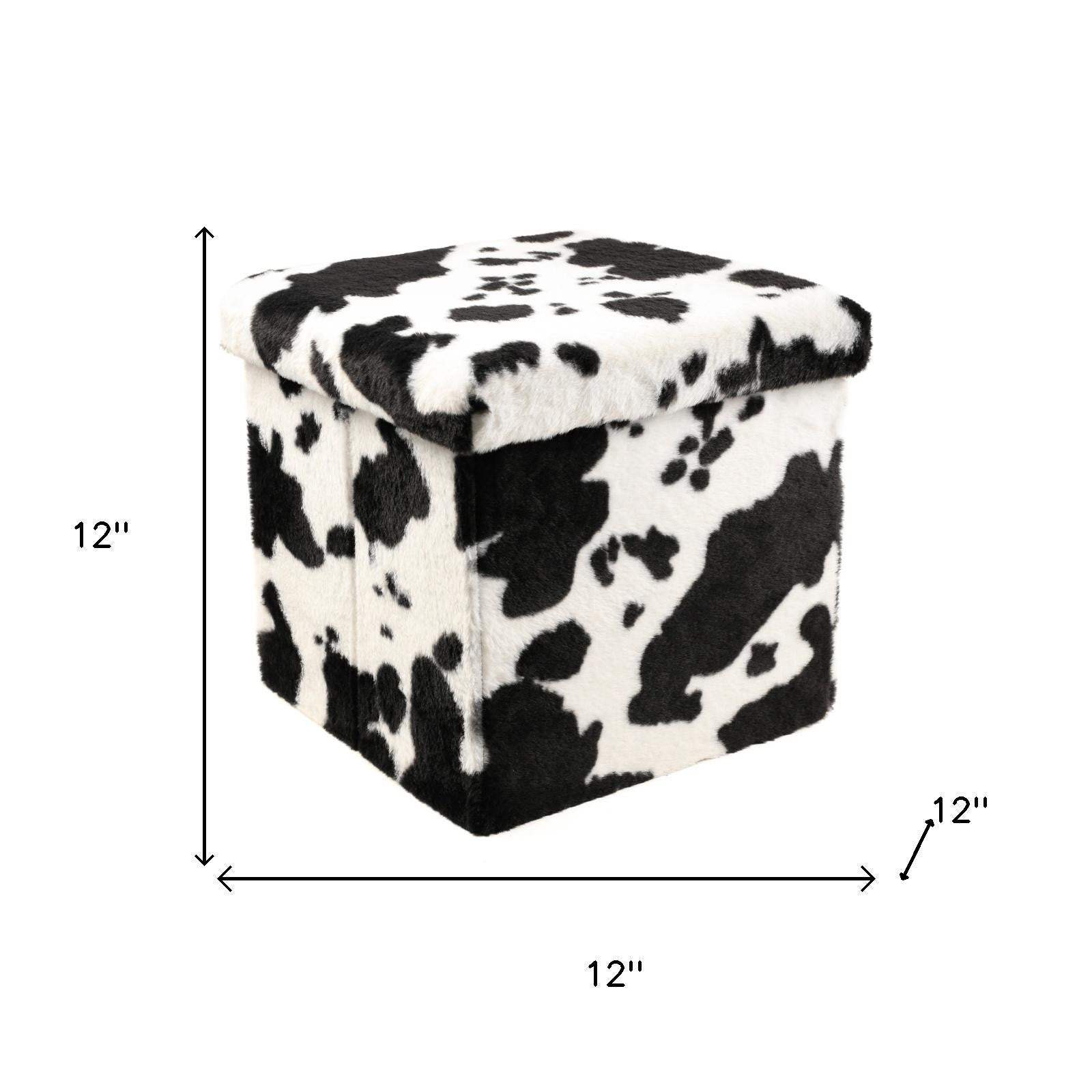 12" Black and White Faux Fur Cow Print Storage Ottoman - HomeRoots - Flyclothing LLC
