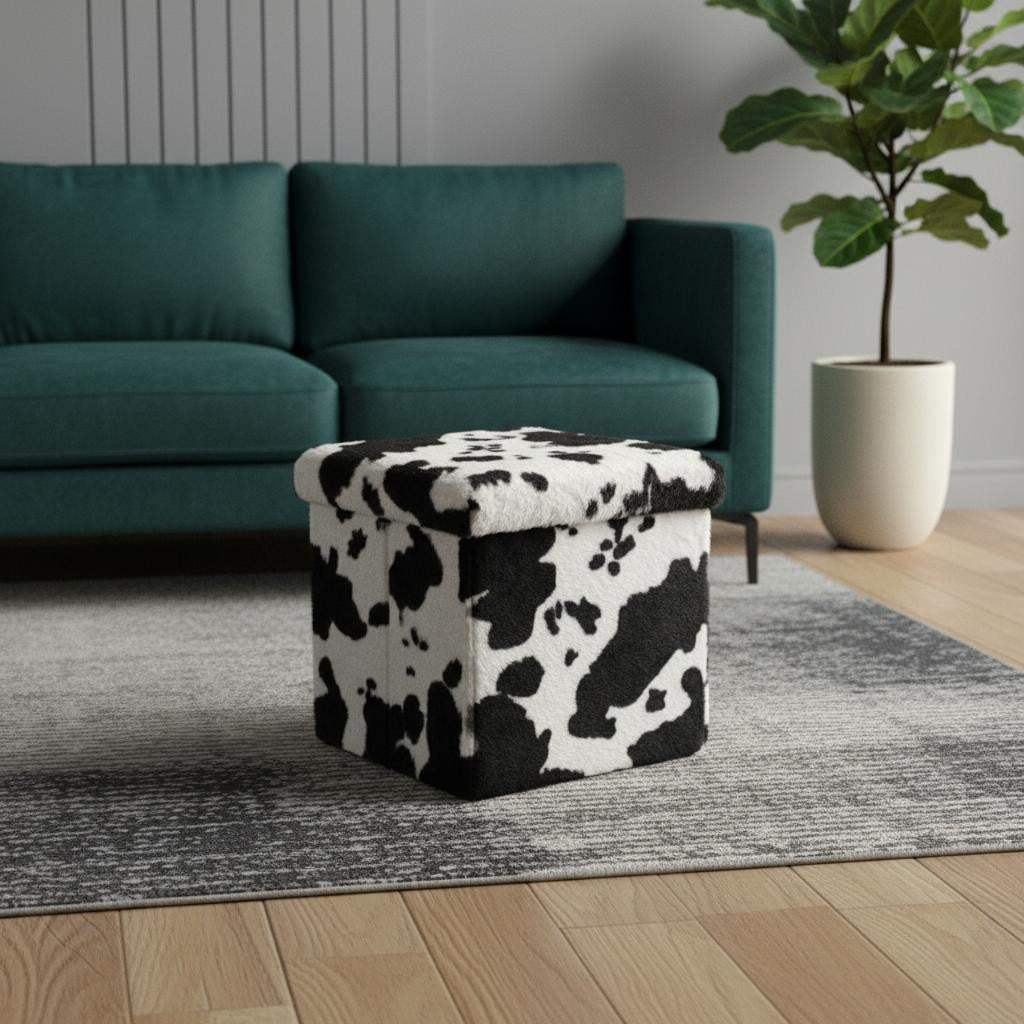 12" Black and White Faux Fur Cow Print Storage Ottoman - HomeRoots - Flyclothing LLC