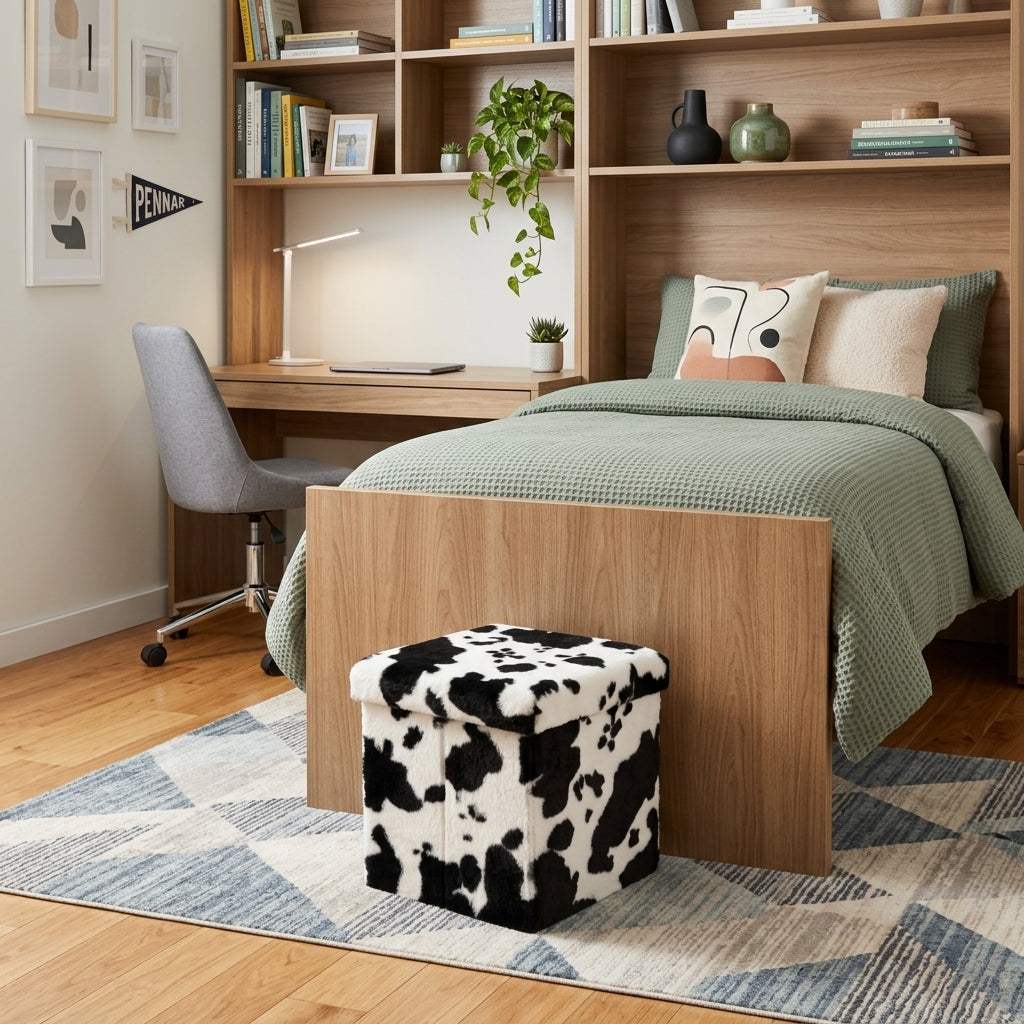 12" Black and White Faux Fur Cow Print Storage Ottoman - HomeRoots - Flyclothing LLC