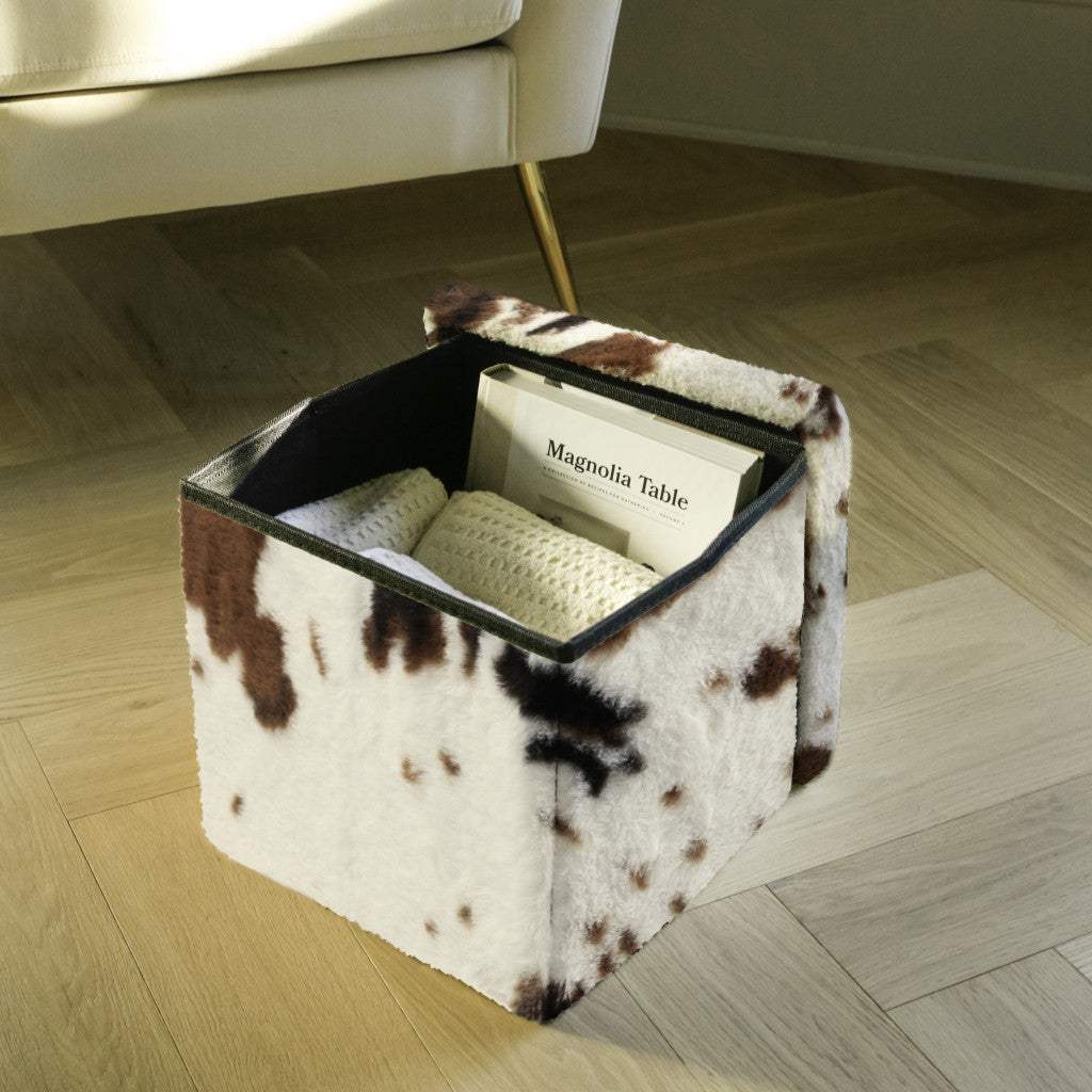 12" Brown and White Faux Fur Cow Print Storage Ottoman - HomeRoots - Flyclothing LLC
