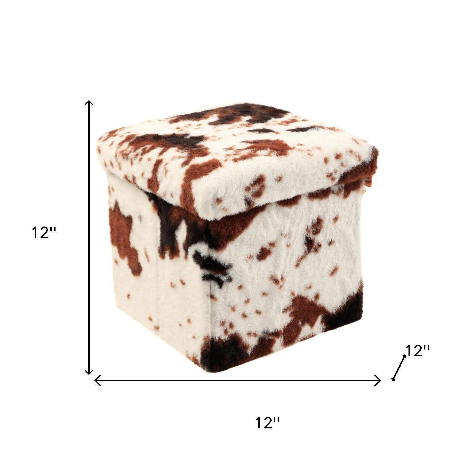 12" Brown and White Faux Fur Cow Print Storage Ottoman - HomeRoots - Flyclothing LLC