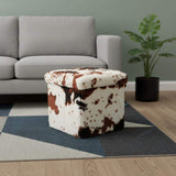 12" Brown and White Faux Fur Cow Print Storage Ottoman - HomeRoots - Flyclothing LLC