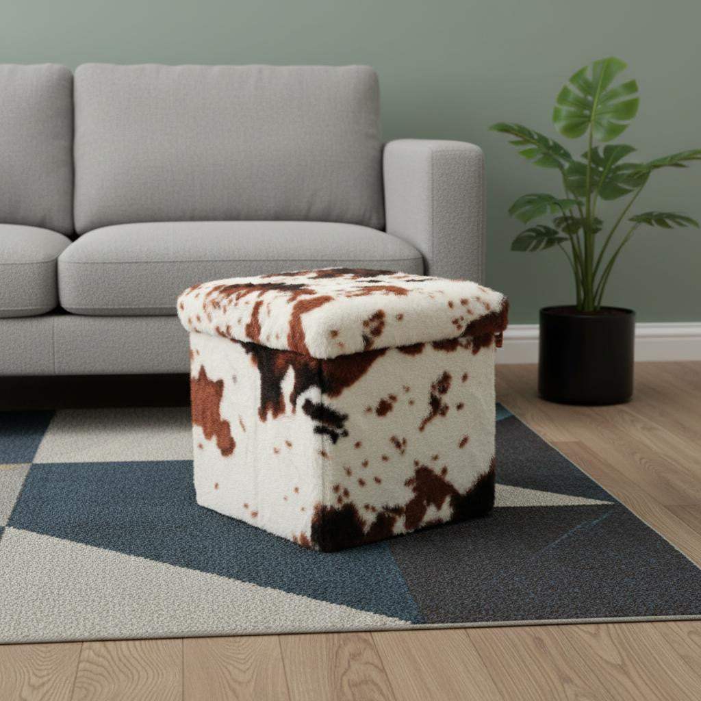 12" Brown and White Faux Fur Cow Print Storage Ottoman - HomeRoots - Flyclothing LLC