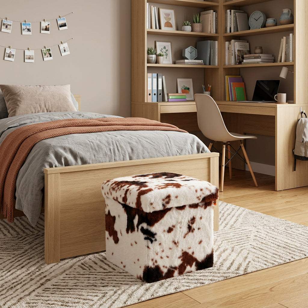 12" Brown and White Faux Fur Cow Print Storage Ottoman - HomeRoots - Flyclothing LLC