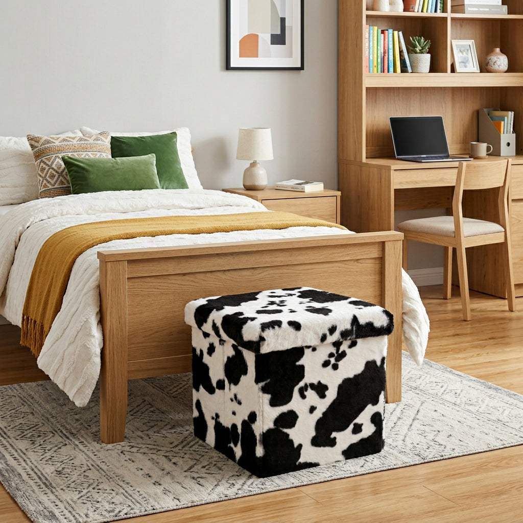 15" Black and White Faux Fur Cow Print Storage Ottoman - HomeRoots - Flyclothing LLC