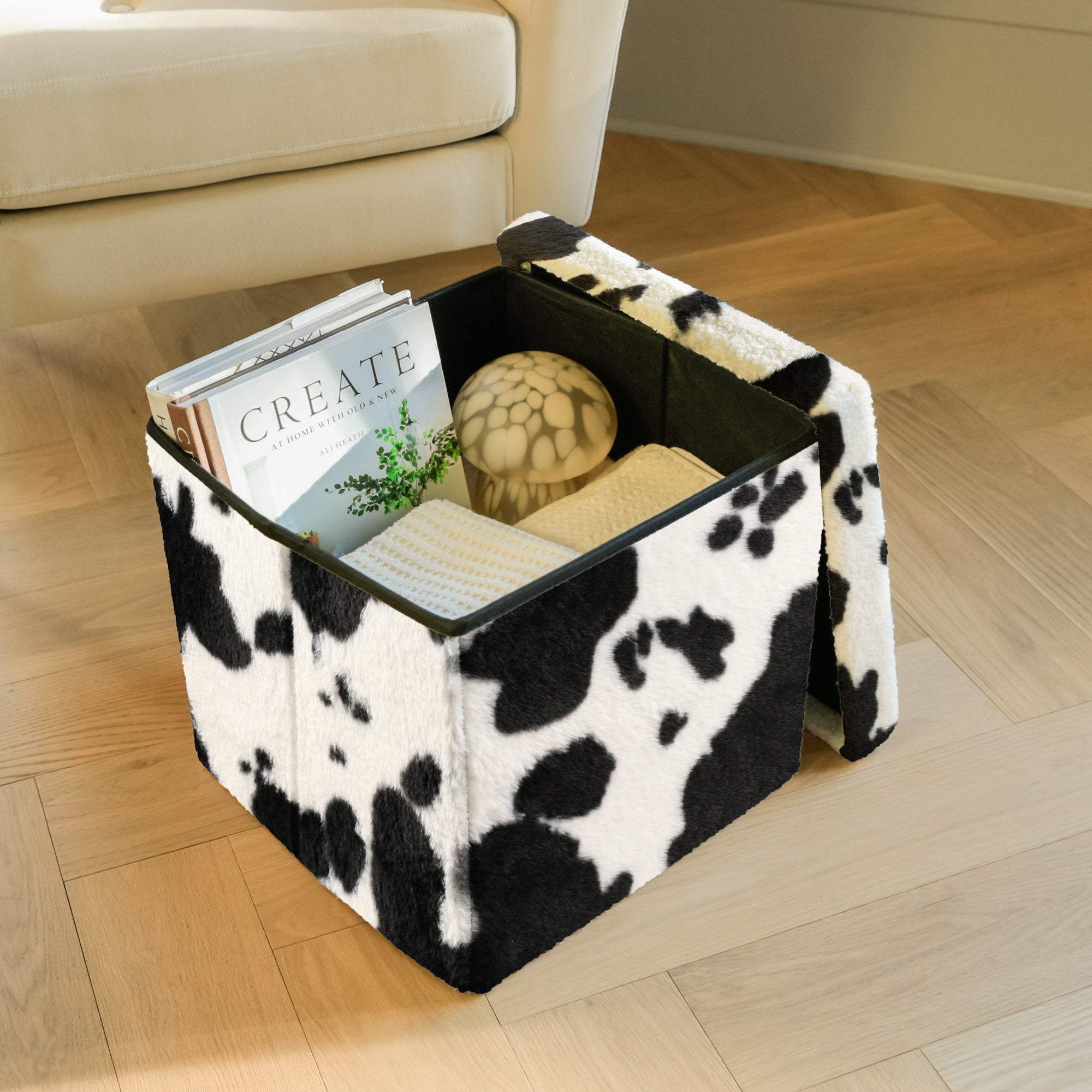 15" Black and White Faux Fur Cow Print Storage Ottoman - HomeRoots - Flyclothing LLC