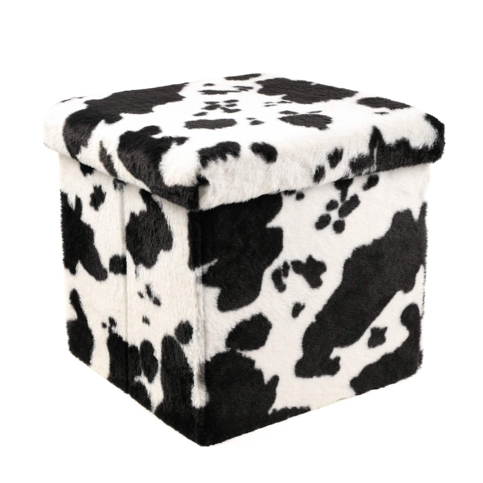 15" Black and White Faux Fur Cow Print Storage Ottoman - HomeRoots - Flyclothing LLC