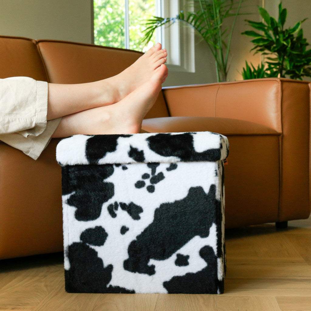 15" Black and White Faux Fur Cow Print Storage Ottoman - HomeRoots - Flyclothing LLC