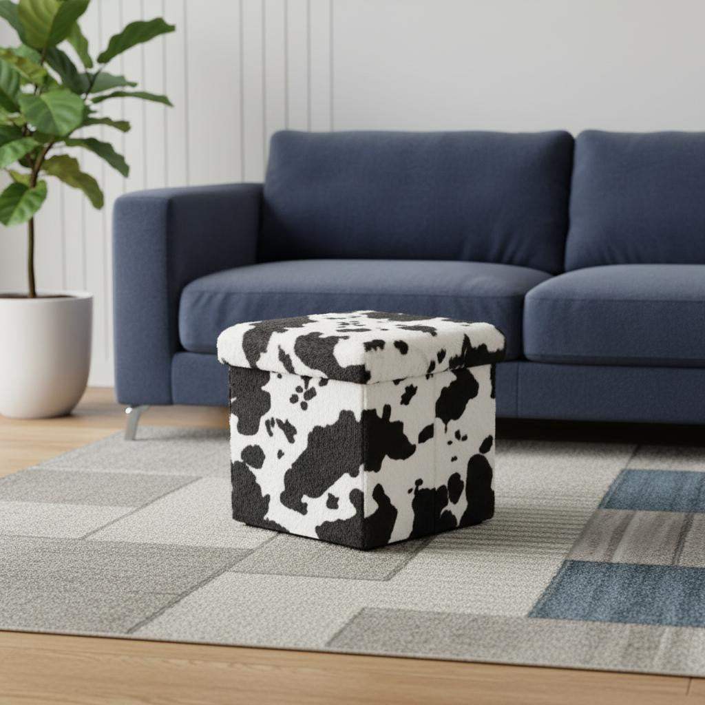 15" Black and White Faux Fur Cow Print Storage Ottoman - HomeRoots - Flyclothing LLC