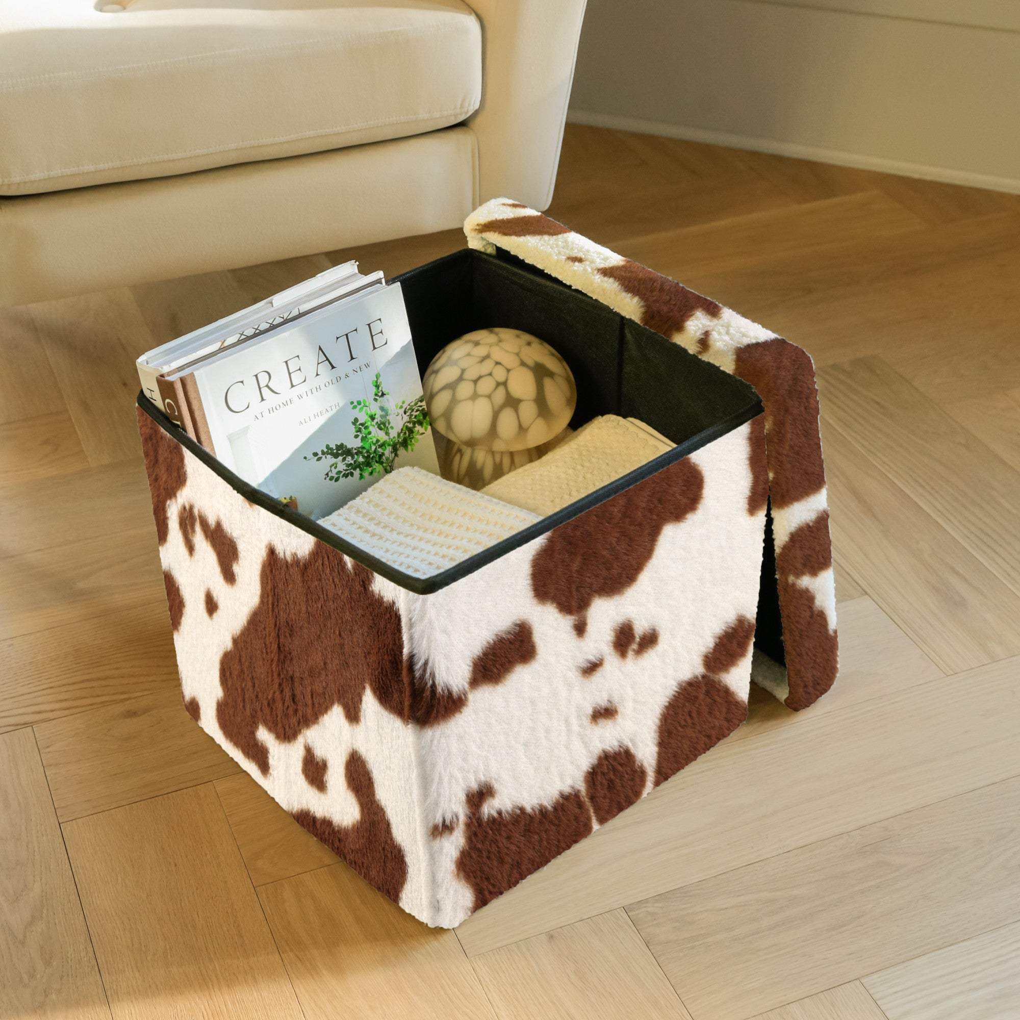 15" White and Brown Faux Fur Cow Print Storage Ottoman - HomeRoots - Flyclothing LLC