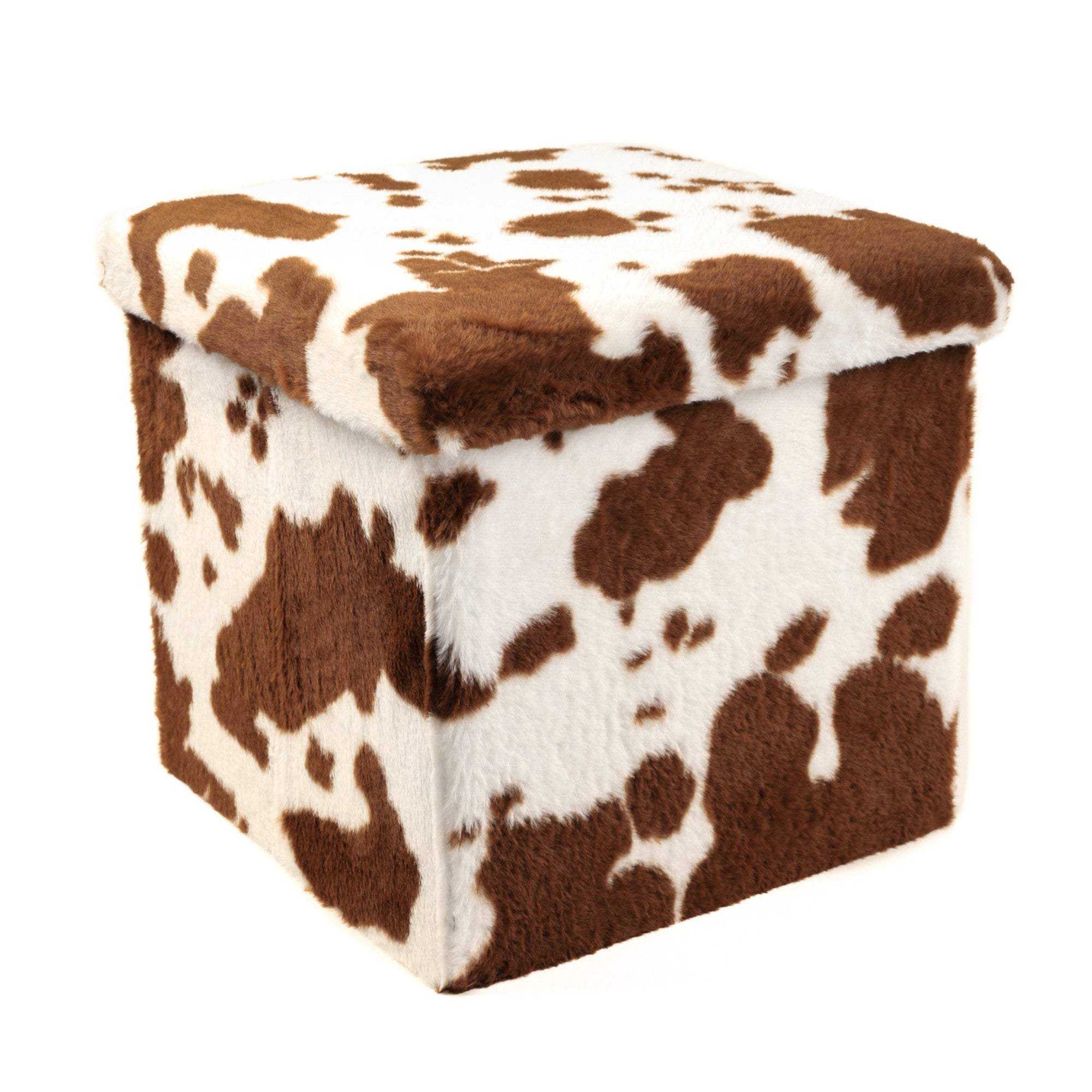 15" White and Brown Faux Fur Cow Print Storage Ottoman - HomeRoots - Flyclothing LLC