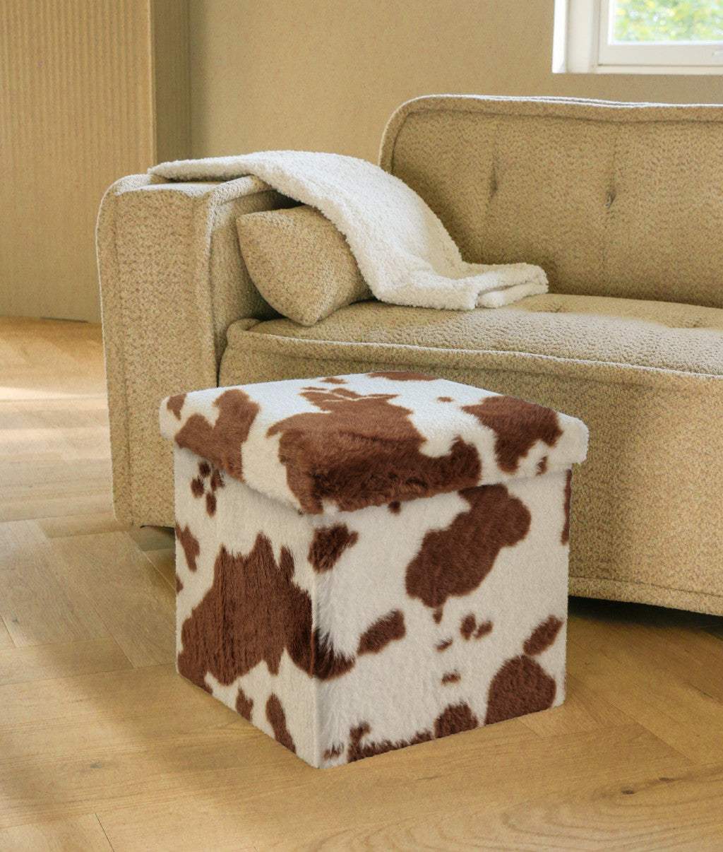 15" White and Brown Faux Fur Cow Print Storage Ottoman - HomeRoots - Flyclothing LLC