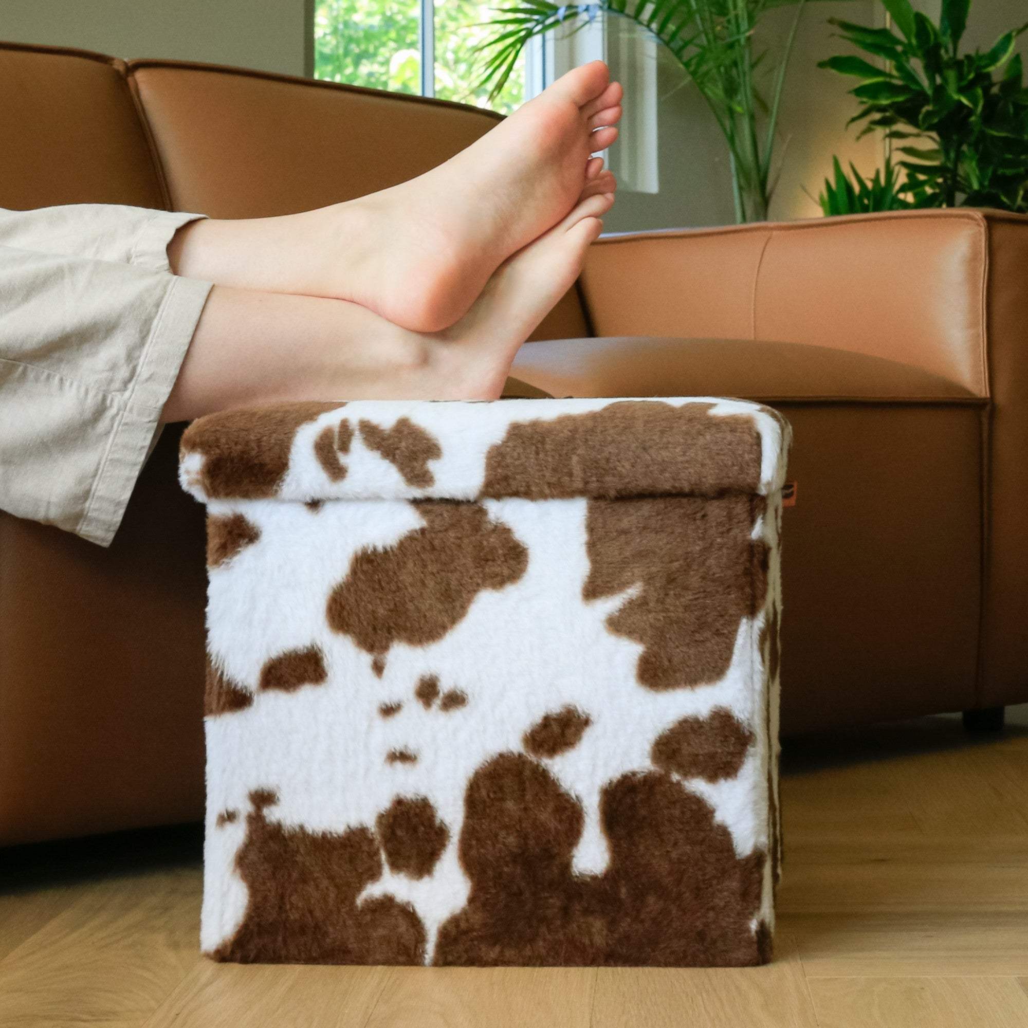 15" White and Brown Faux Fur Cow Print Storage Ottoman - HomeRoots - Flyclothing LLC