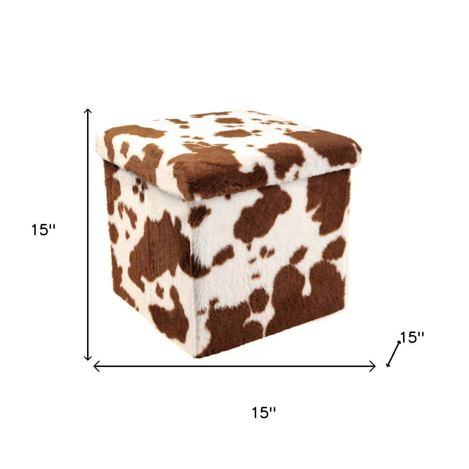 15" White and Brown Faux Fur Cow Print Storage Ottoman - HomeRoots - Flyclothing LLC