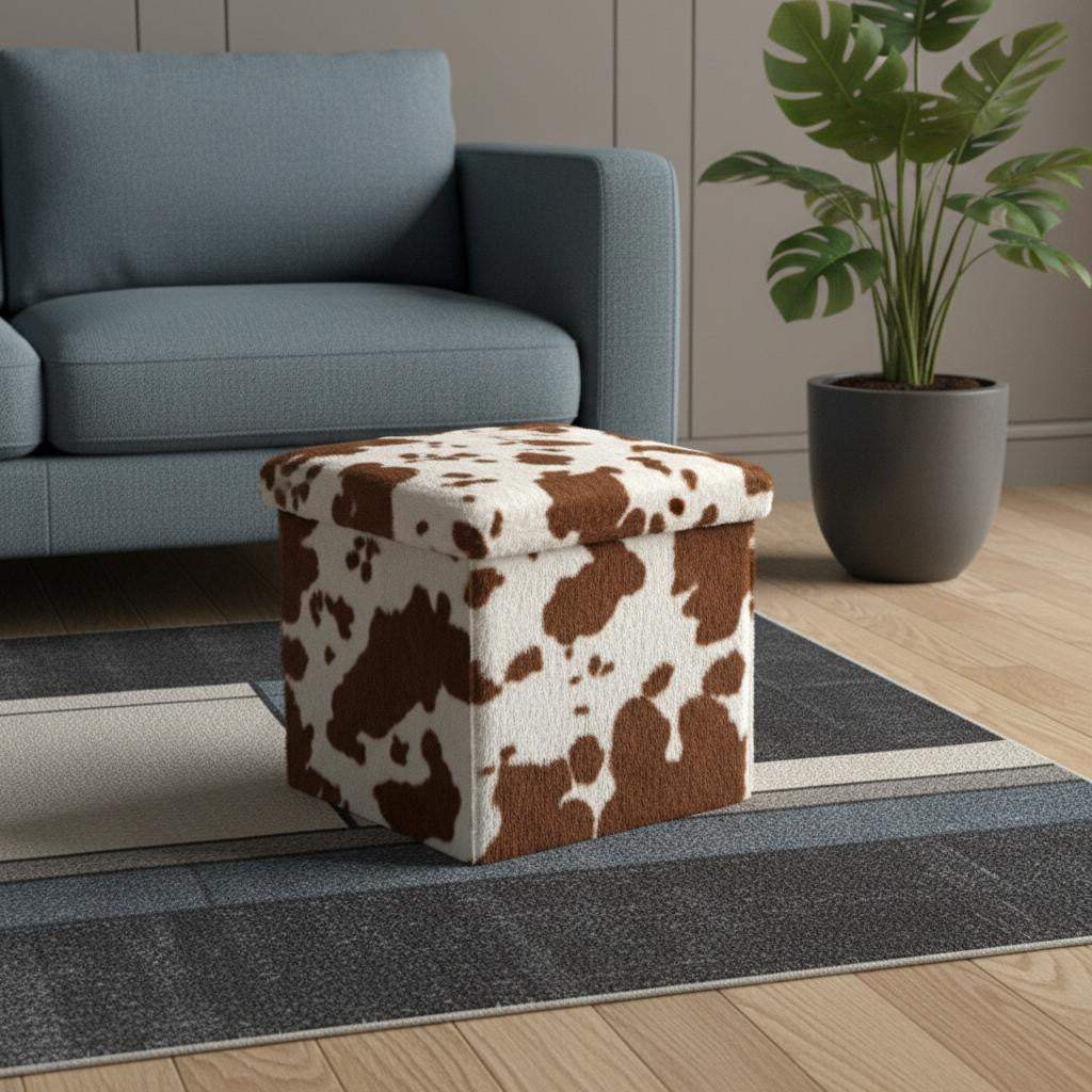 15" White and Brown Faux Fur Cow Print Storage Ottoman - HomeRoots - Flyclothing LLC