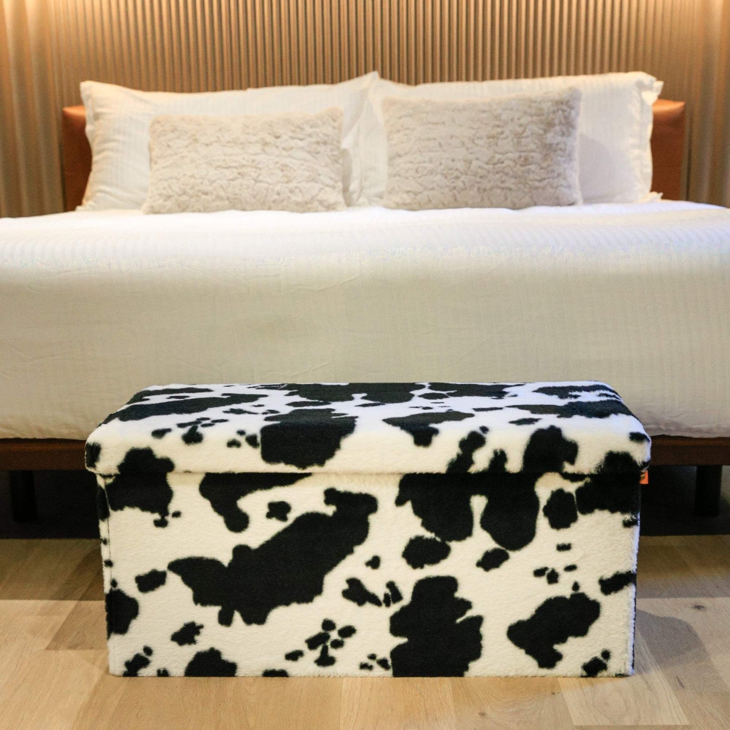 30" Black and White Faux Fur Cow Print Storage Ottoman - HomeRoots - Flyclothing LLC