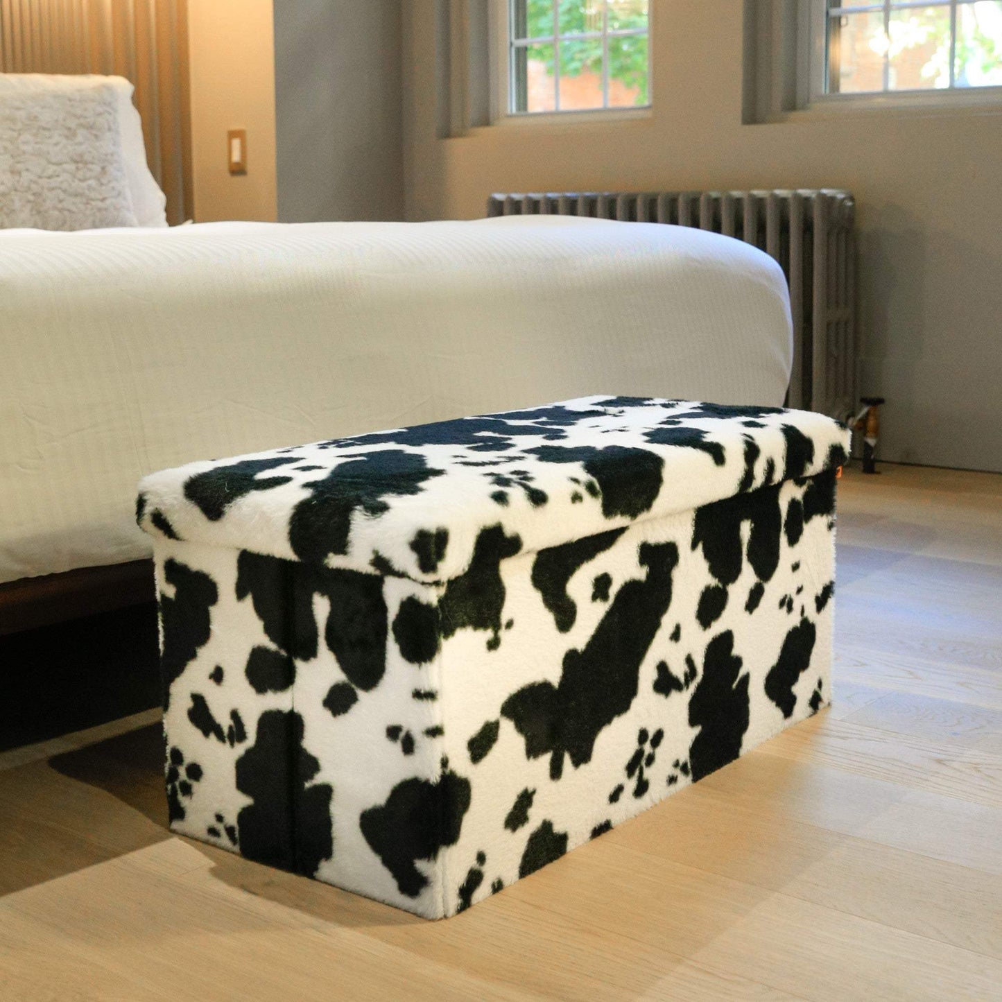 30" Black and White Faux Fur Cow Print Storage Ottoman - HomeRoots - Flyclothing LLC