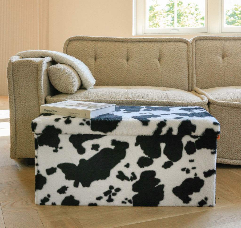 30" Black and White Faux Fur Cow Print Storage Ottoman - HomeRoots - Flyclothing LLC