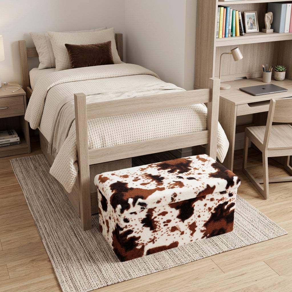 30" White and Brown Faux Fur Cow Print Storage Ottoman - HomeRoots - Flyclothing LLC
