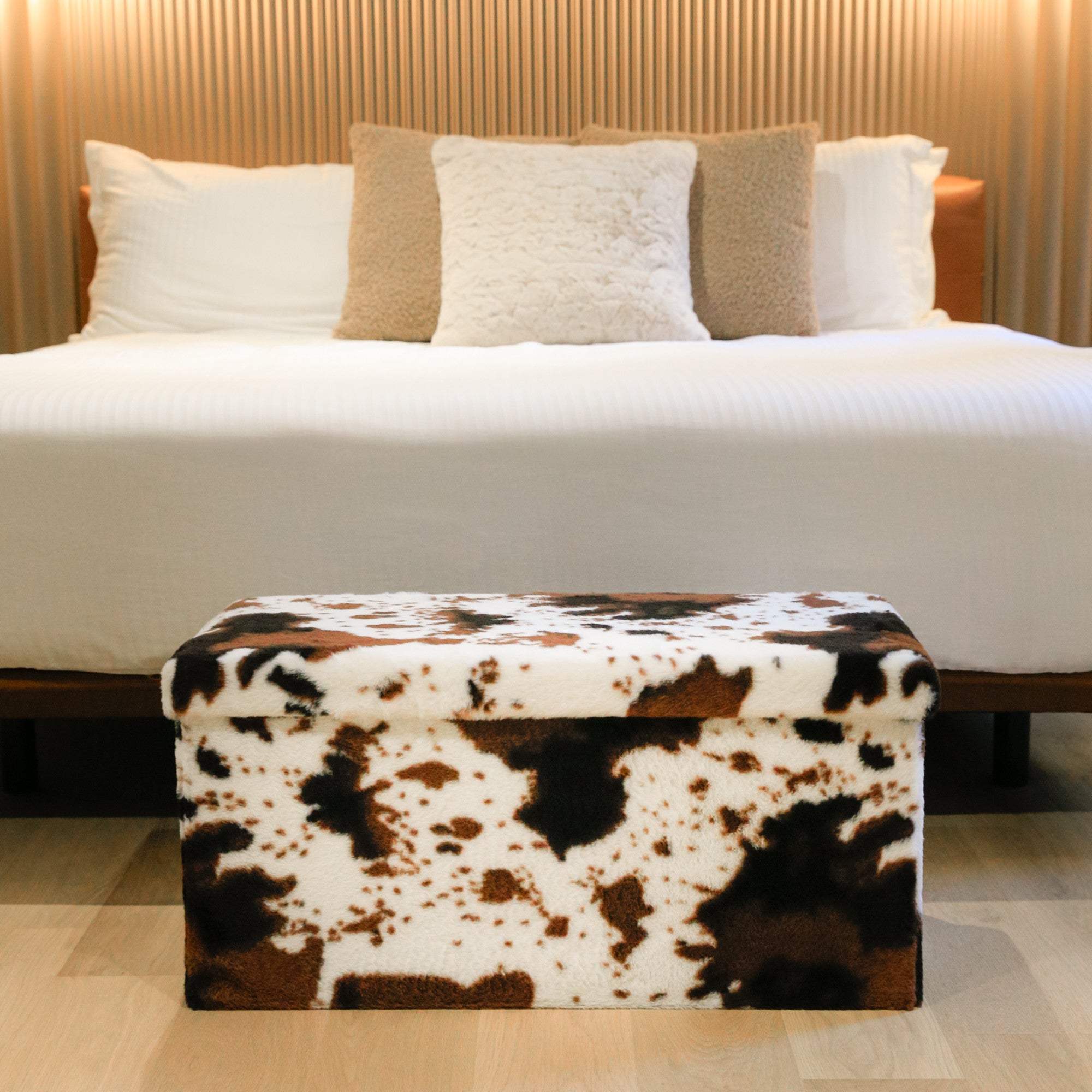 30" White and Brown Faux Fur Cow Print Storage Ottoman - HomeRoots - Flyclothing LLC